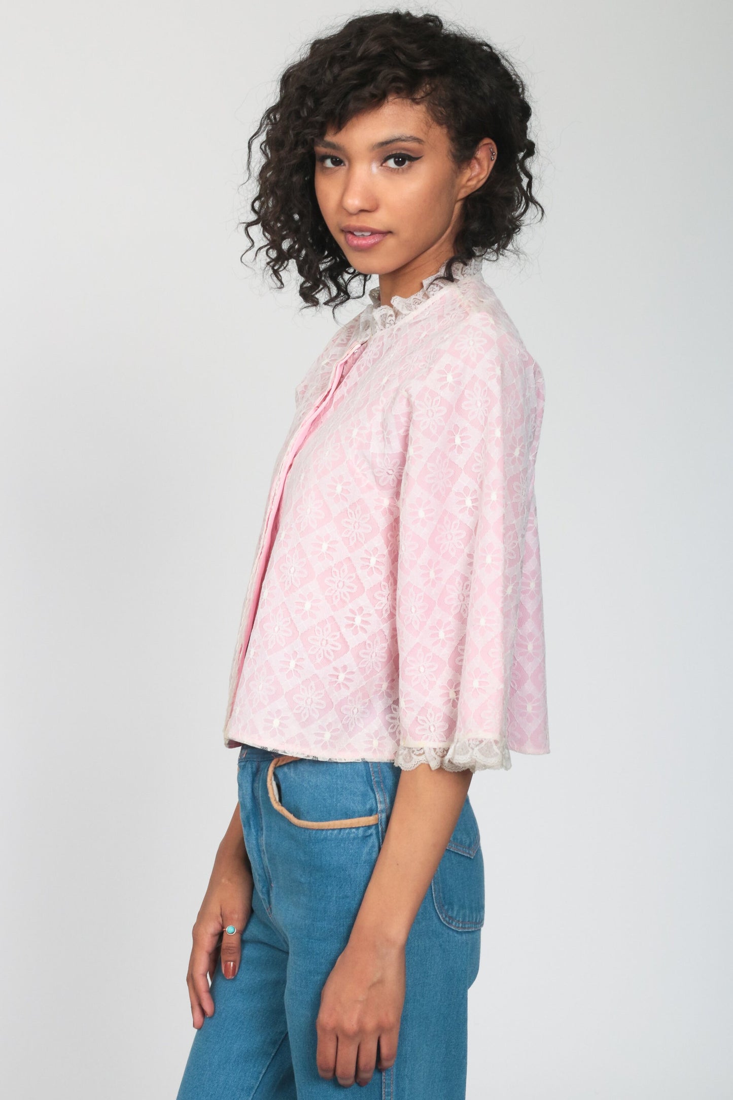 70s Baby Pink Lace Lingerie Pajama Top Button-Up Sleep Shirt Small