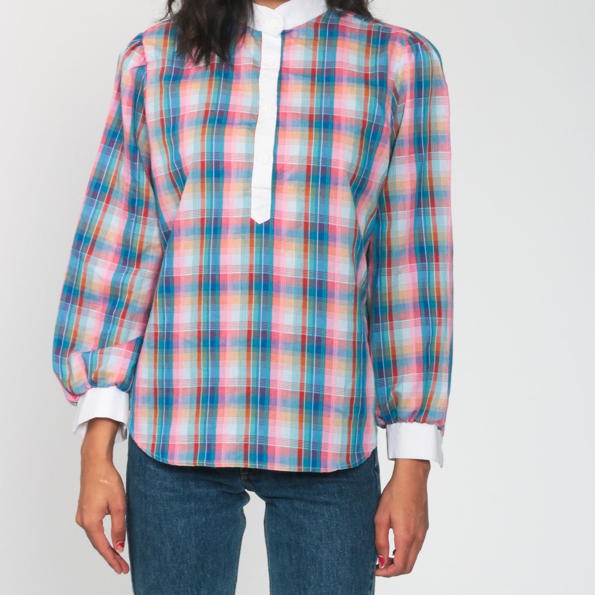 80s Plaid Button-Up Blouse Multicolor Long Sleeve Shirt Medium Large