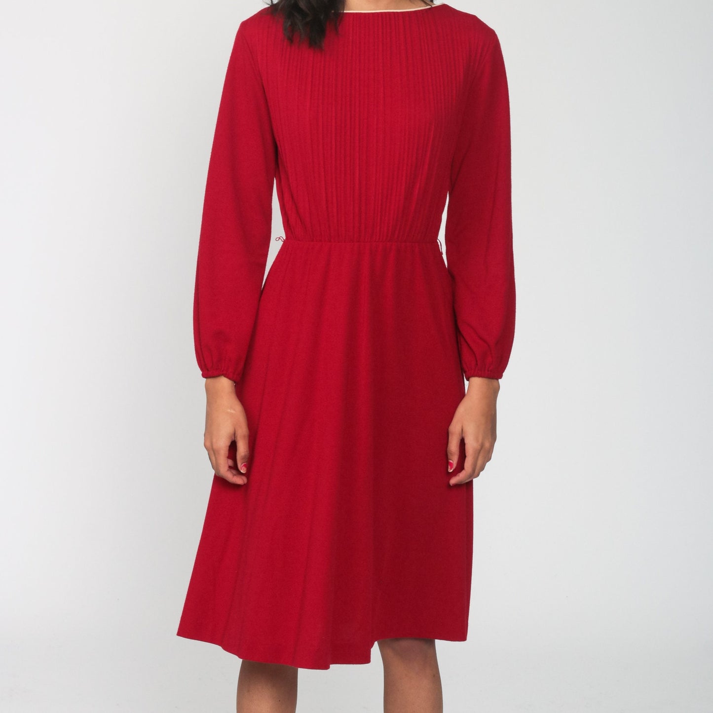 70s Dark Red Midi Dress High Waist Knife Pleated Long Sleeve Small