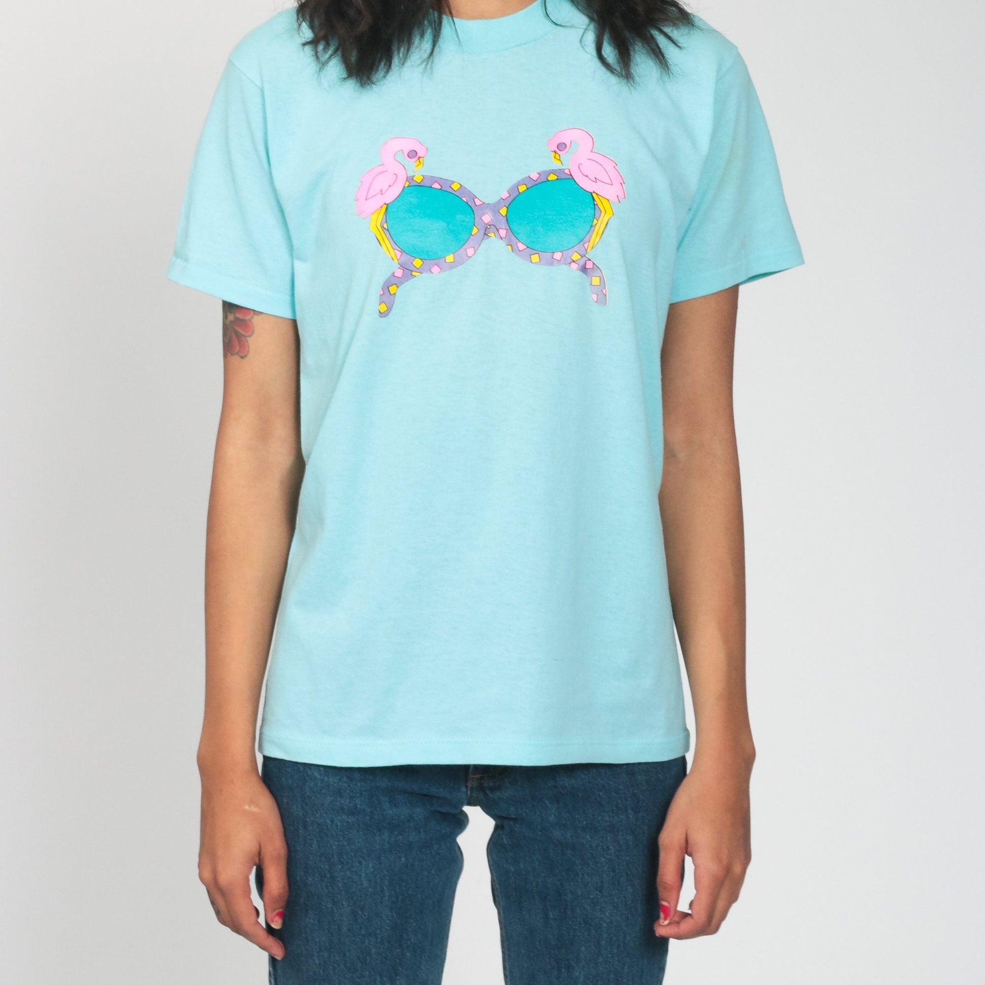 80s Flamingo Sunglasses Graphic T-Shirt Neon Aqua Single Stitch Extra Small