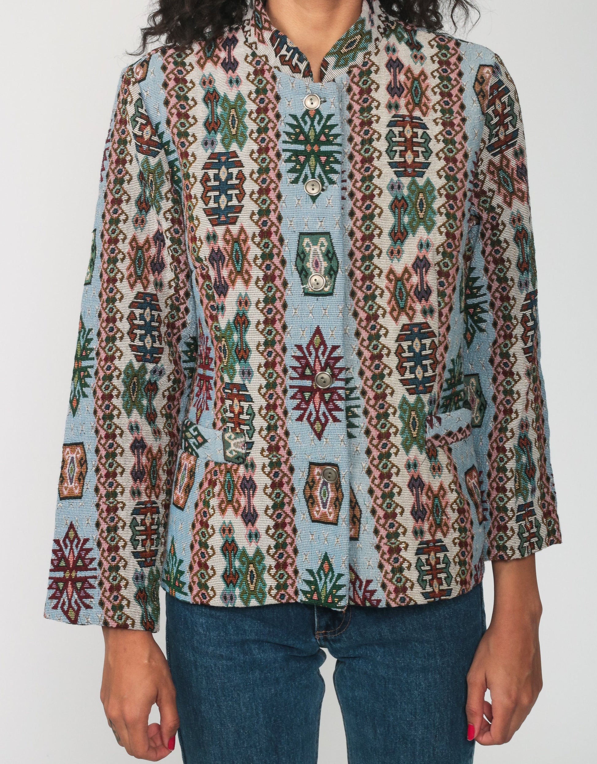 80s Southwestern Tribal Blanket Jacket Aztec Print Blue Blazer Small