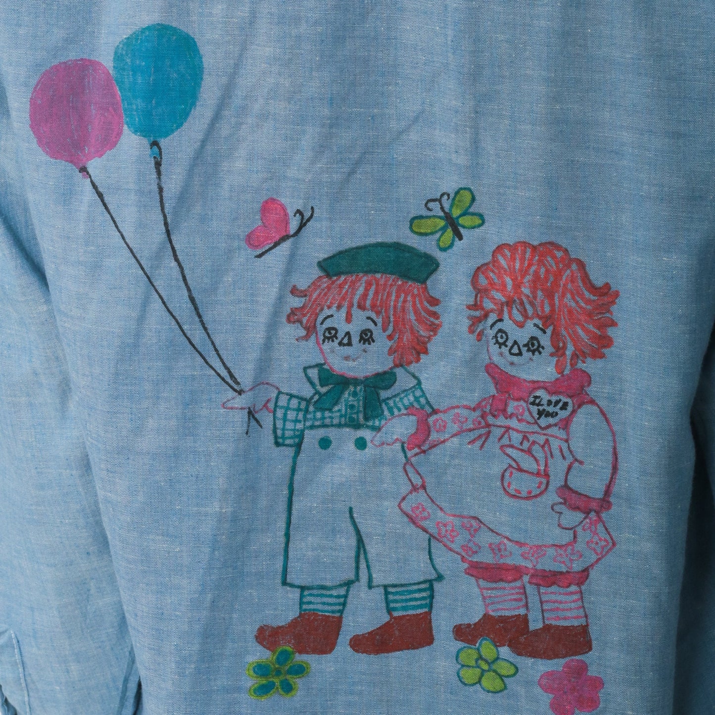 70s Raggedy Ann Andy Chambray Western Shirt Blue Graphic Button Up Medium
