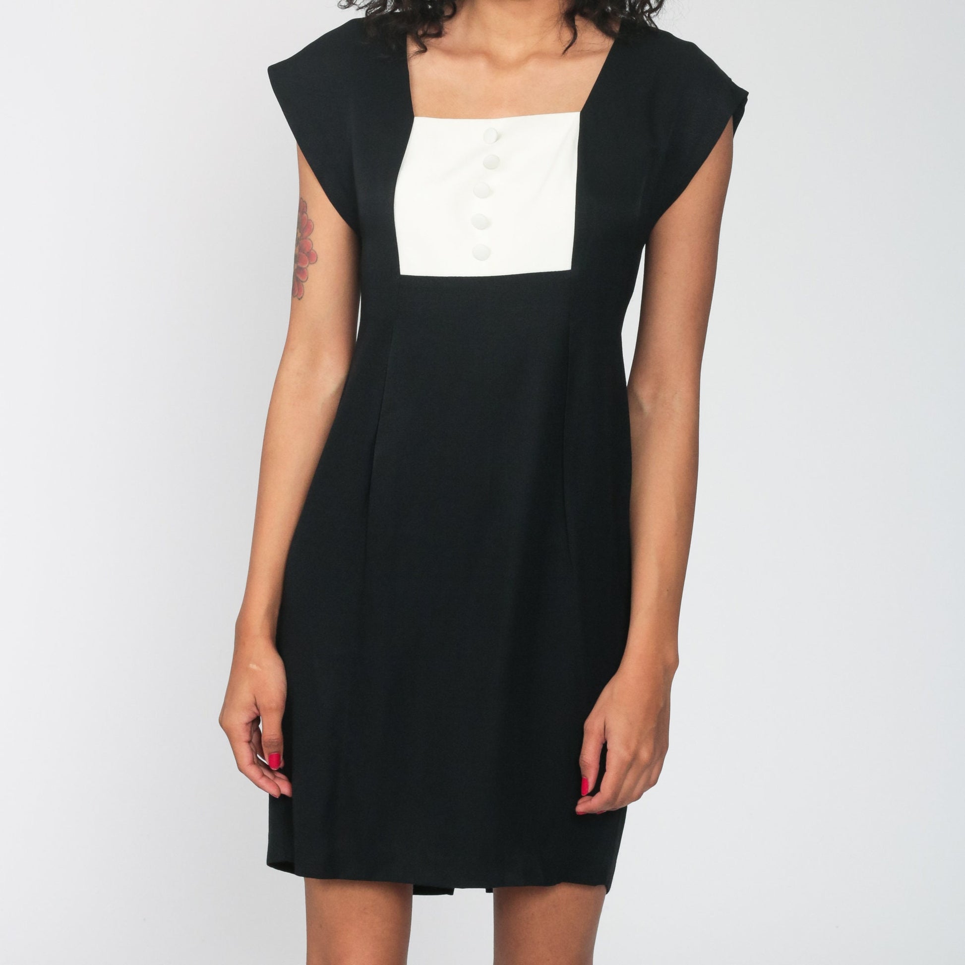 90s Black Mini Dress with Off-White Bib Cap Sleeves Sheath Small