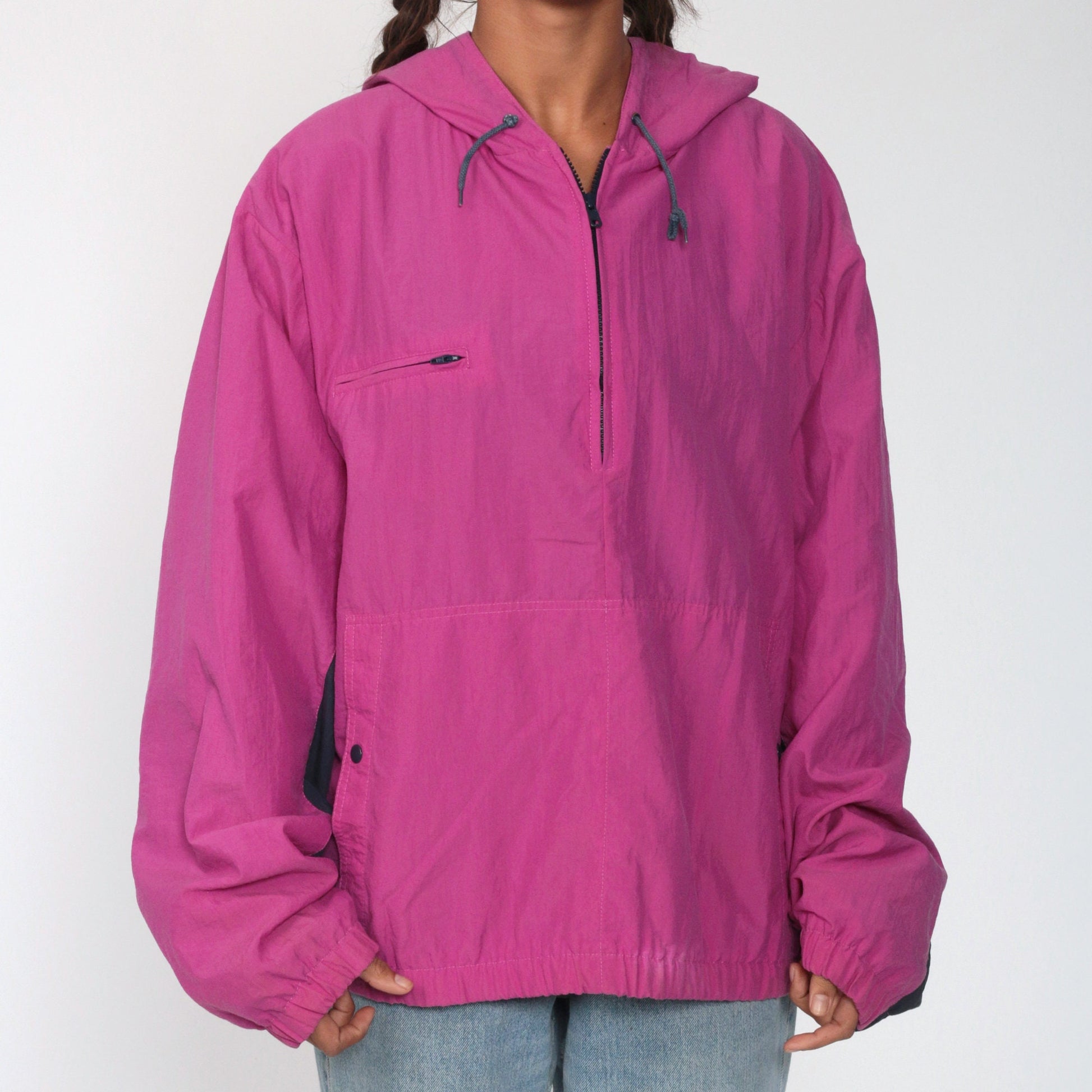 90s Izod Hooded Windbreaker Magenta Half-Zip Pullover Jacket Extra Large