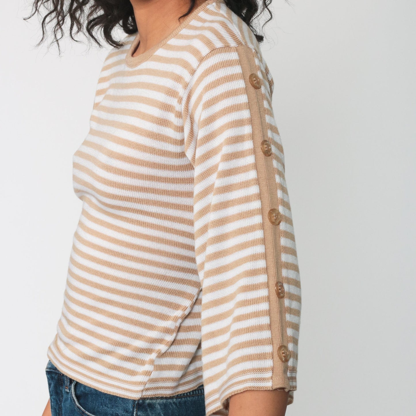 70s Tan Striped Knit Pullover Wide Sleeve Sweater Extra Small