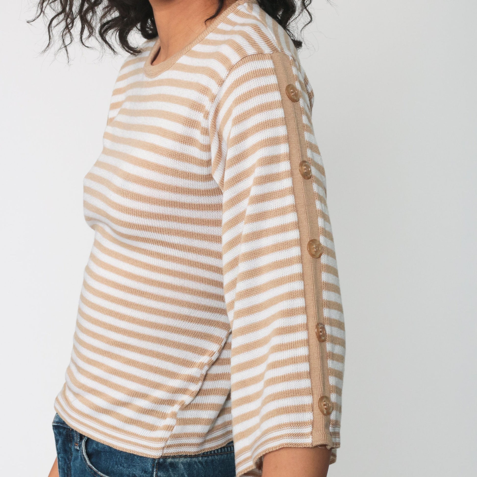 70s Tan Striped Knit Pullover Wide Sleeve Sweater Extra Small