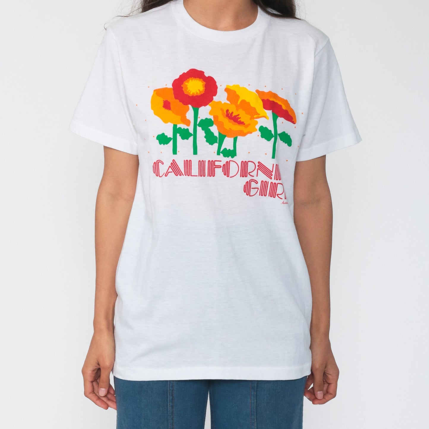 80s California Girl Poppy Graphic T-Shirt Single Stitch Floral Tee Medium