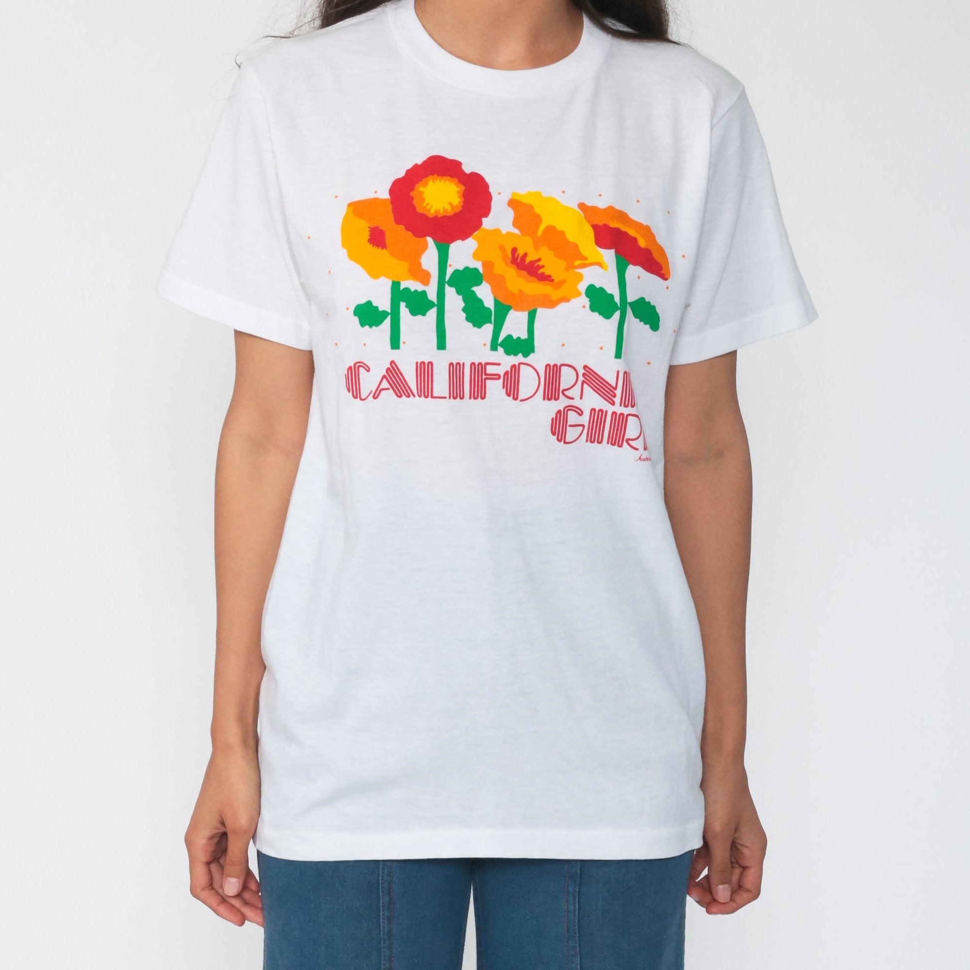 80s California Girl Poppy Graphic T-Shirt Single Stitch Floral Tee Medium