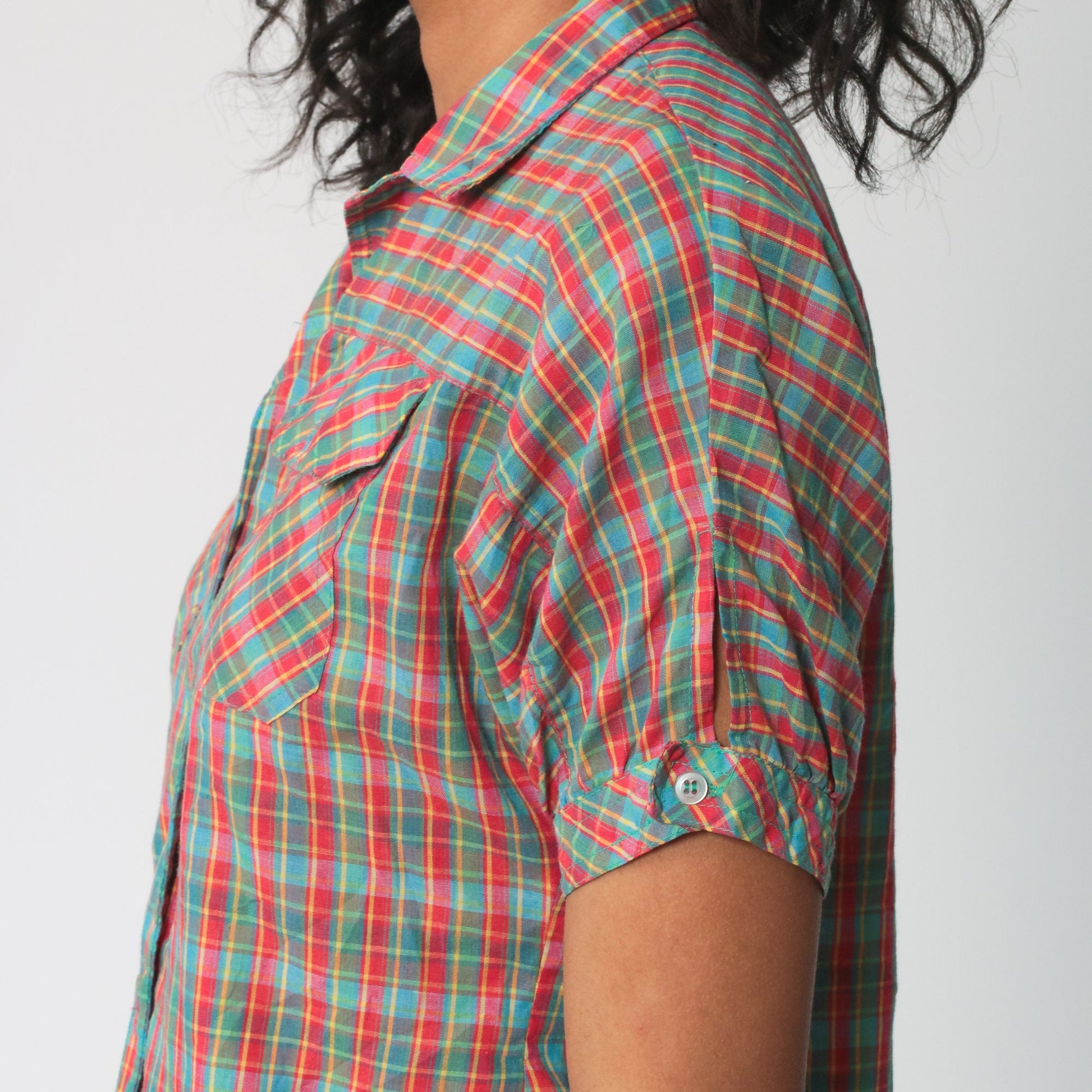 80s Plaid Cotton Button-Up Blouse Red Green Puff Sleeve Extra Small