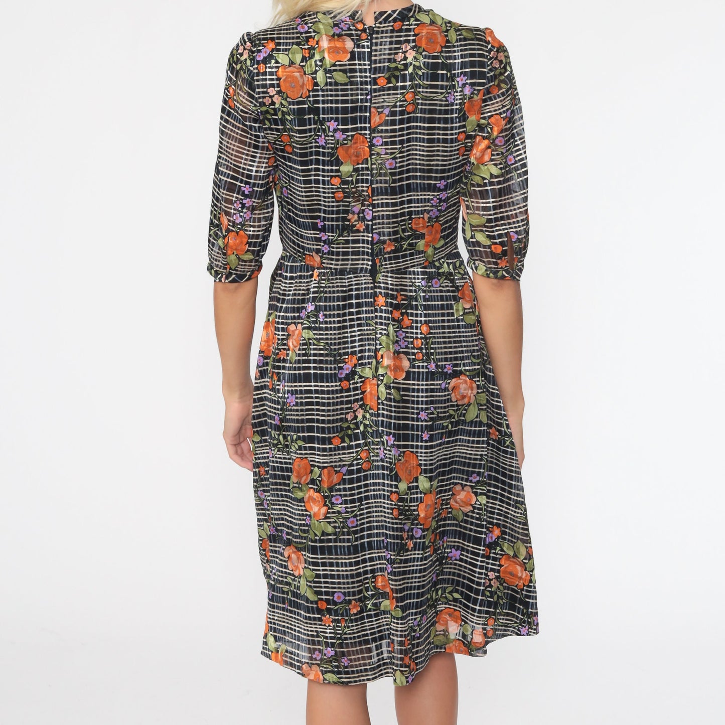 70s Floral Checkered Midi Dress High Waist Short Sleeve Black White Orange Small