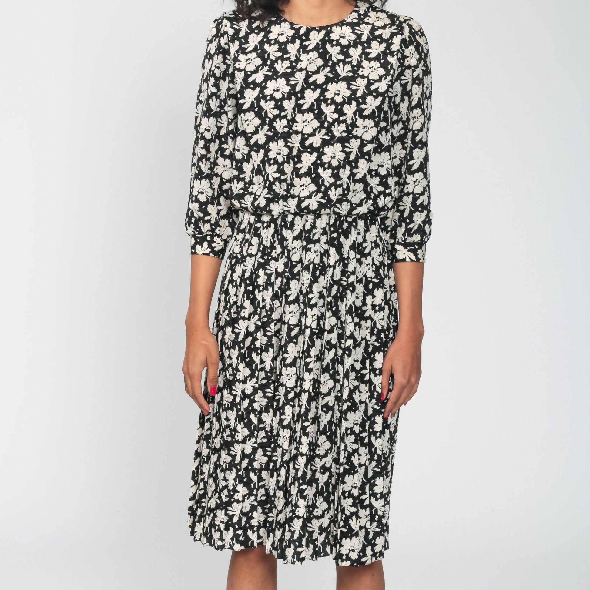 80s Black Floral Midi Dress High Waist Pleated Skirt Small 4