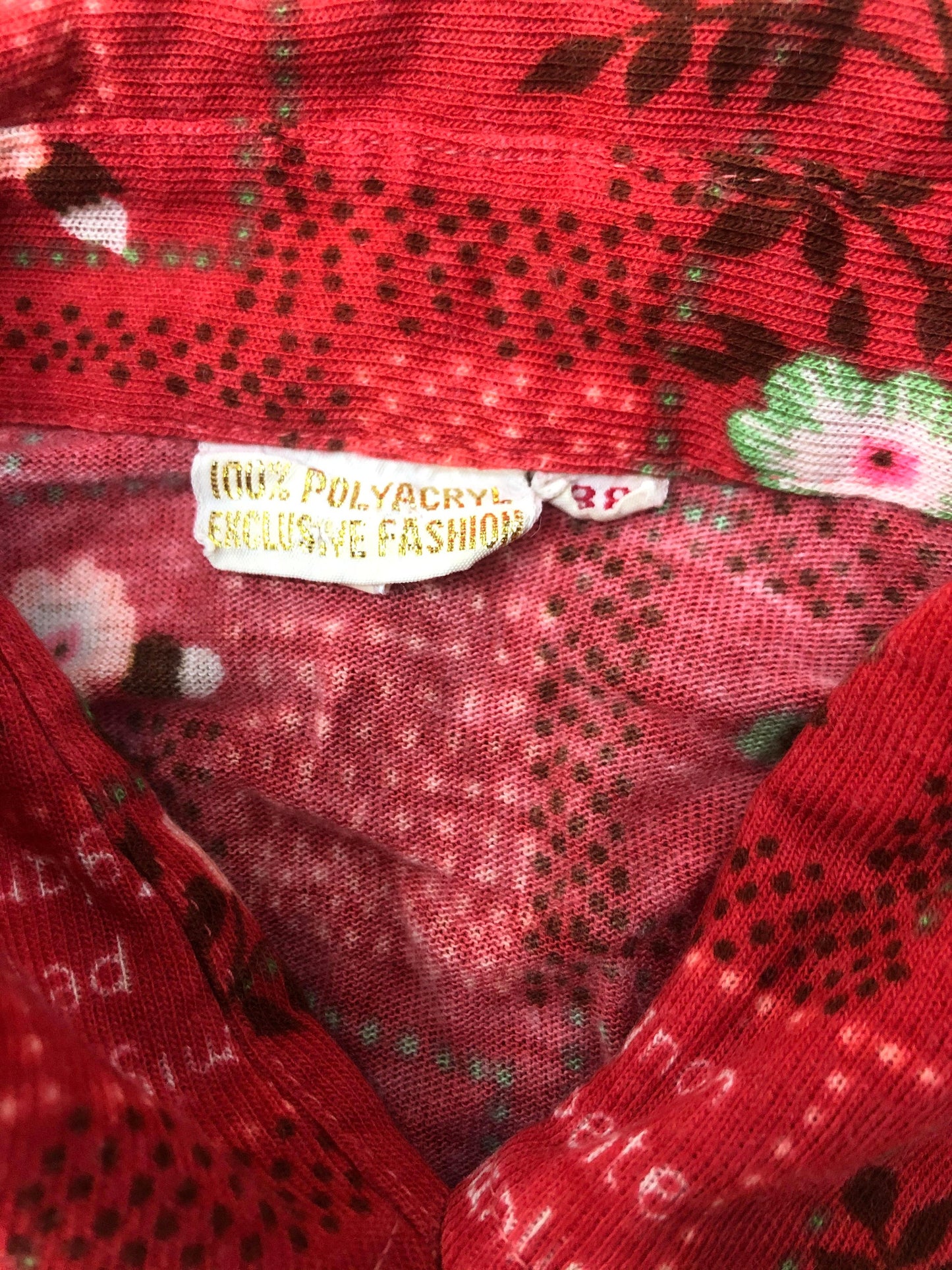 70s Red Floral Button-Up Blouse Long Sleeve Crop Top Extra Small