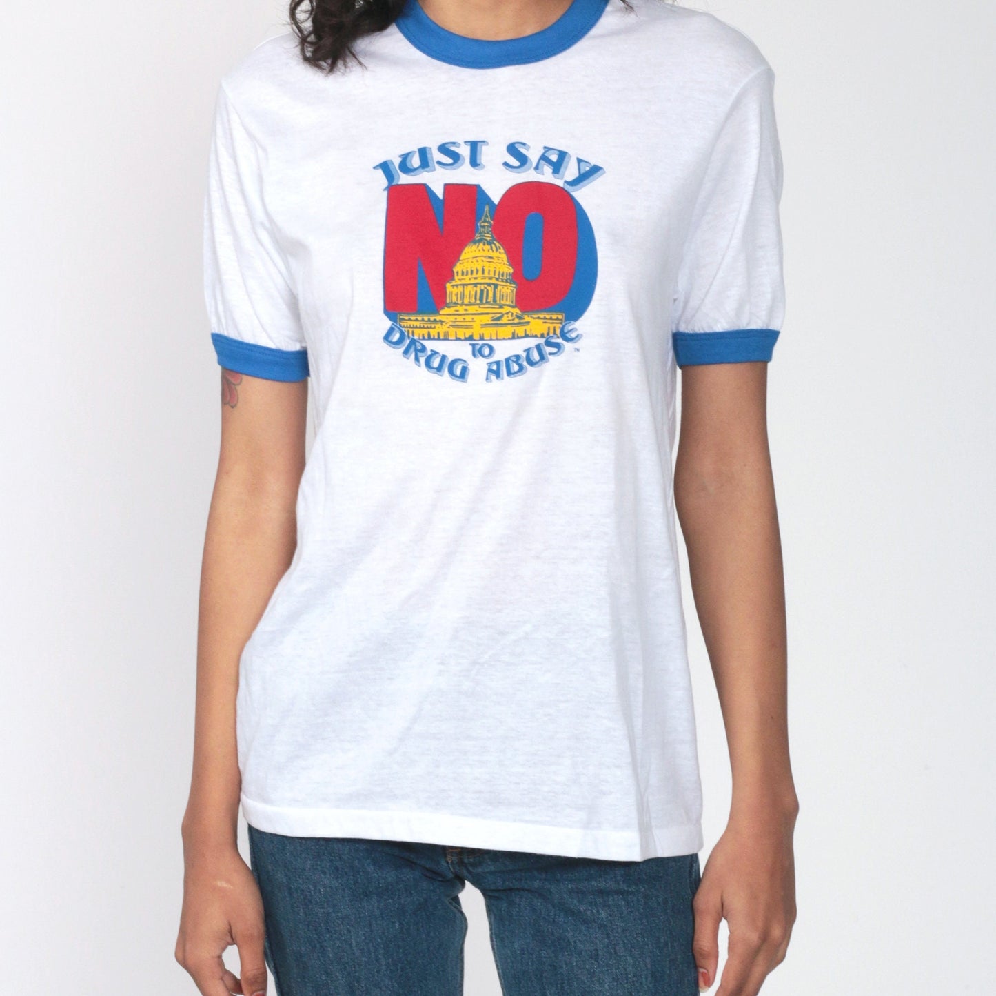 80s Say No To Drugs Ringer T-Shirt Burnout Graphic Tee Unisex Small