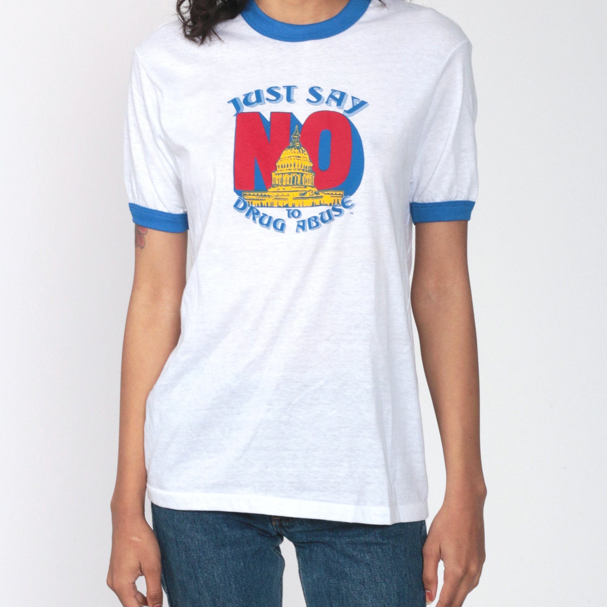 80s Say No To Drugs Ringer T-Shirt Burnout Graphic Tee Unisex Small