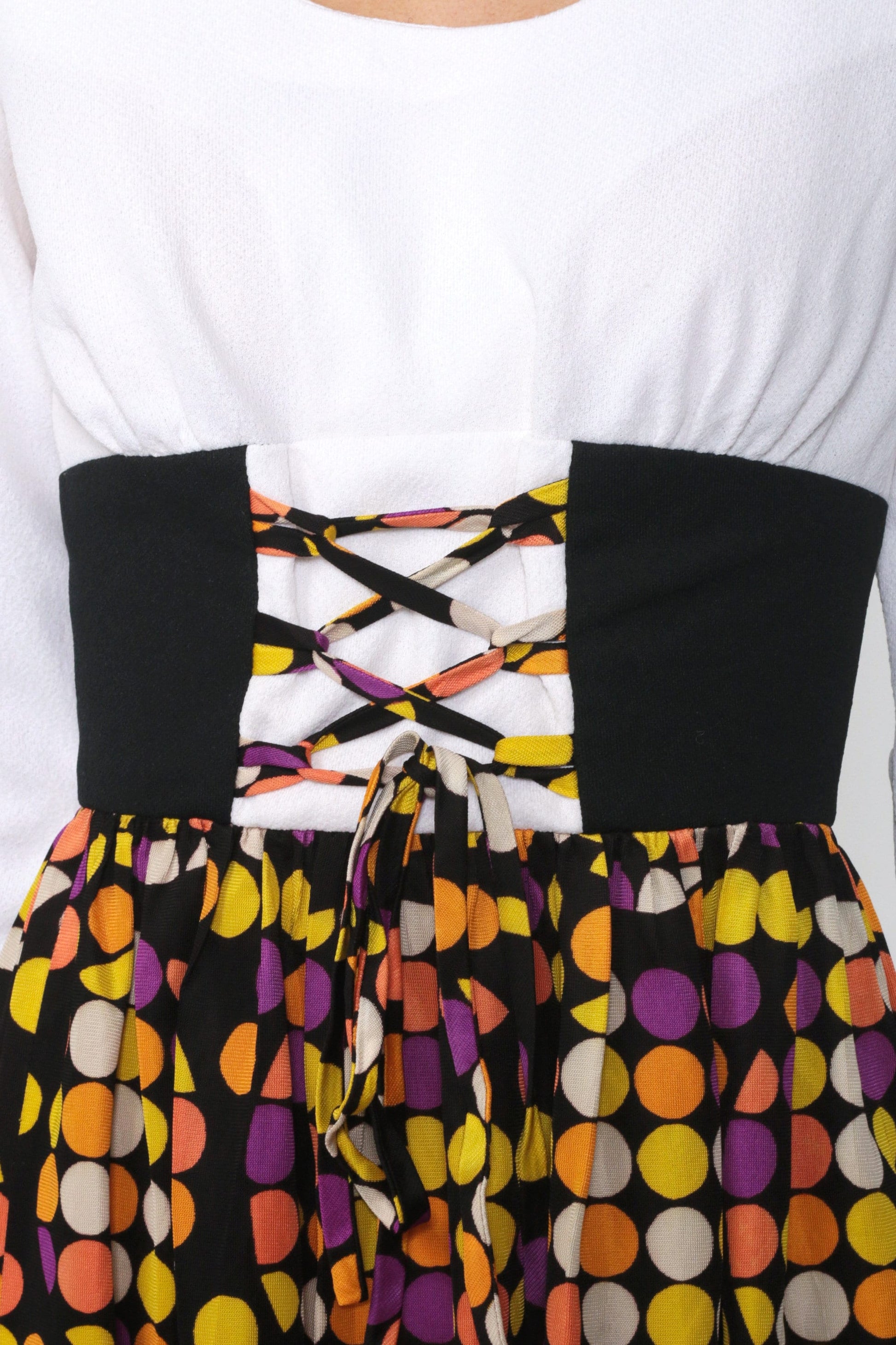 70s Babydoll Mini Dress Circle Print Lace-Up Empire Waist Extra Small
