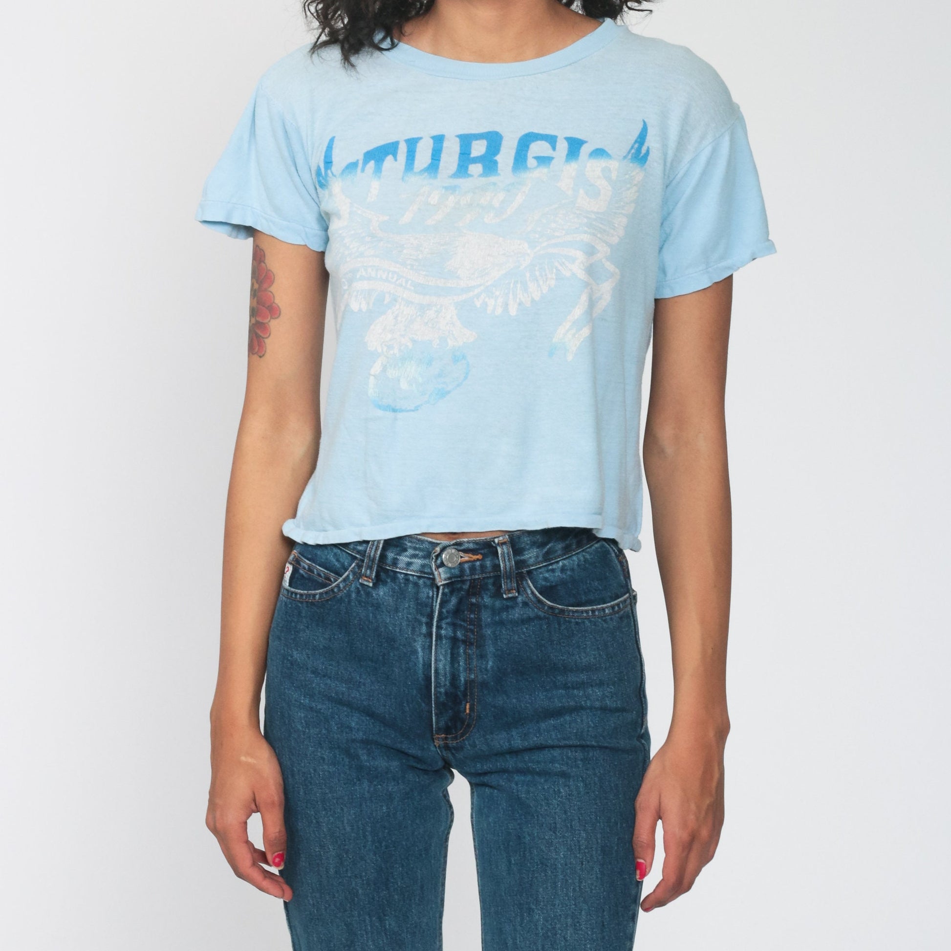 1990 Sturgis Bald Eagle Motorcycle Graphic T-Shirt Baby Blue Burnout Small