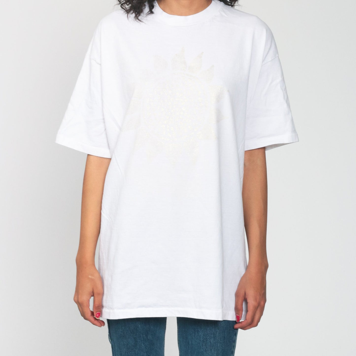 90s Sunflower Glitter Graphic T-Shirt White Cotton Tee Large