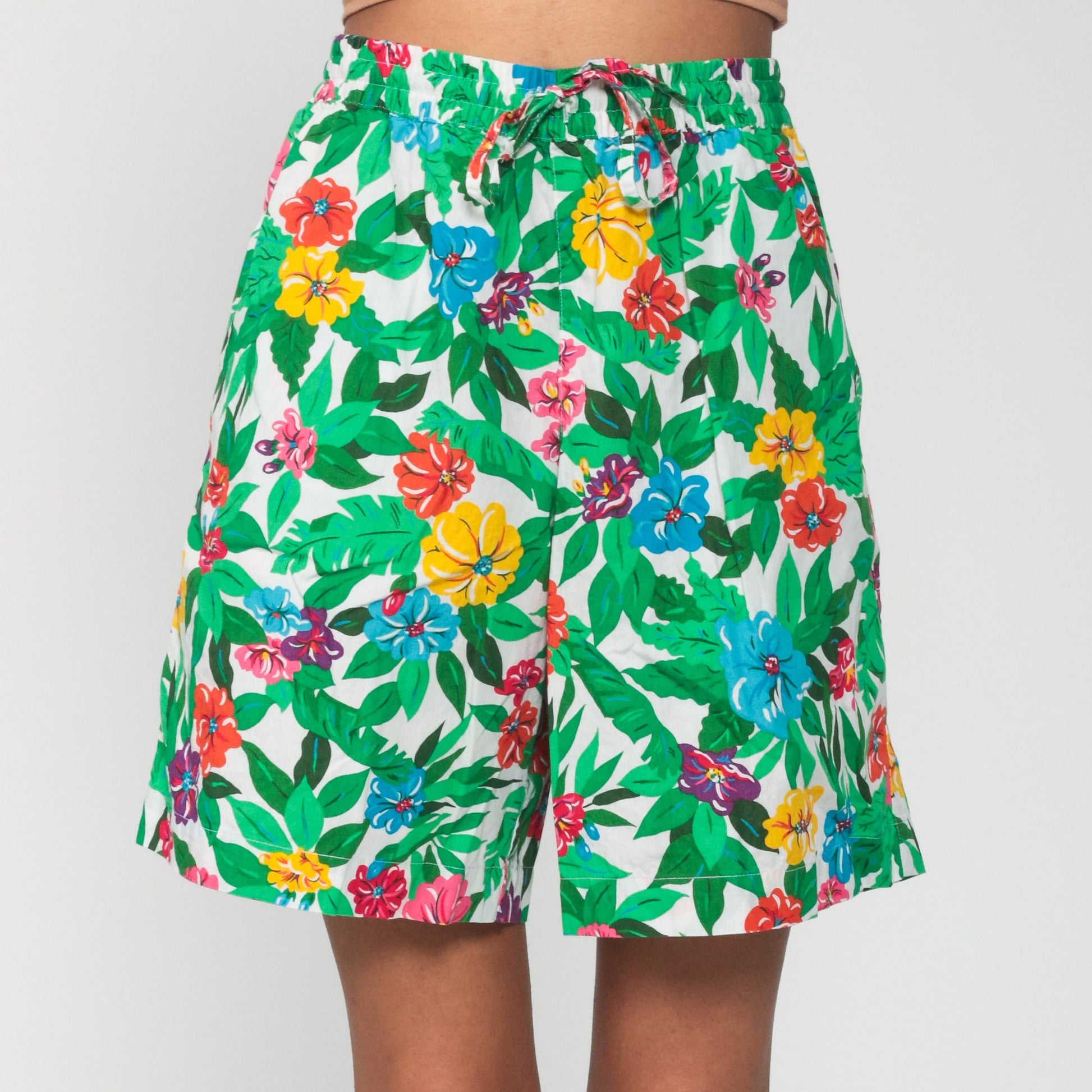 90s Liz Sport Tropical Floral High-Waist Shorts Green Small