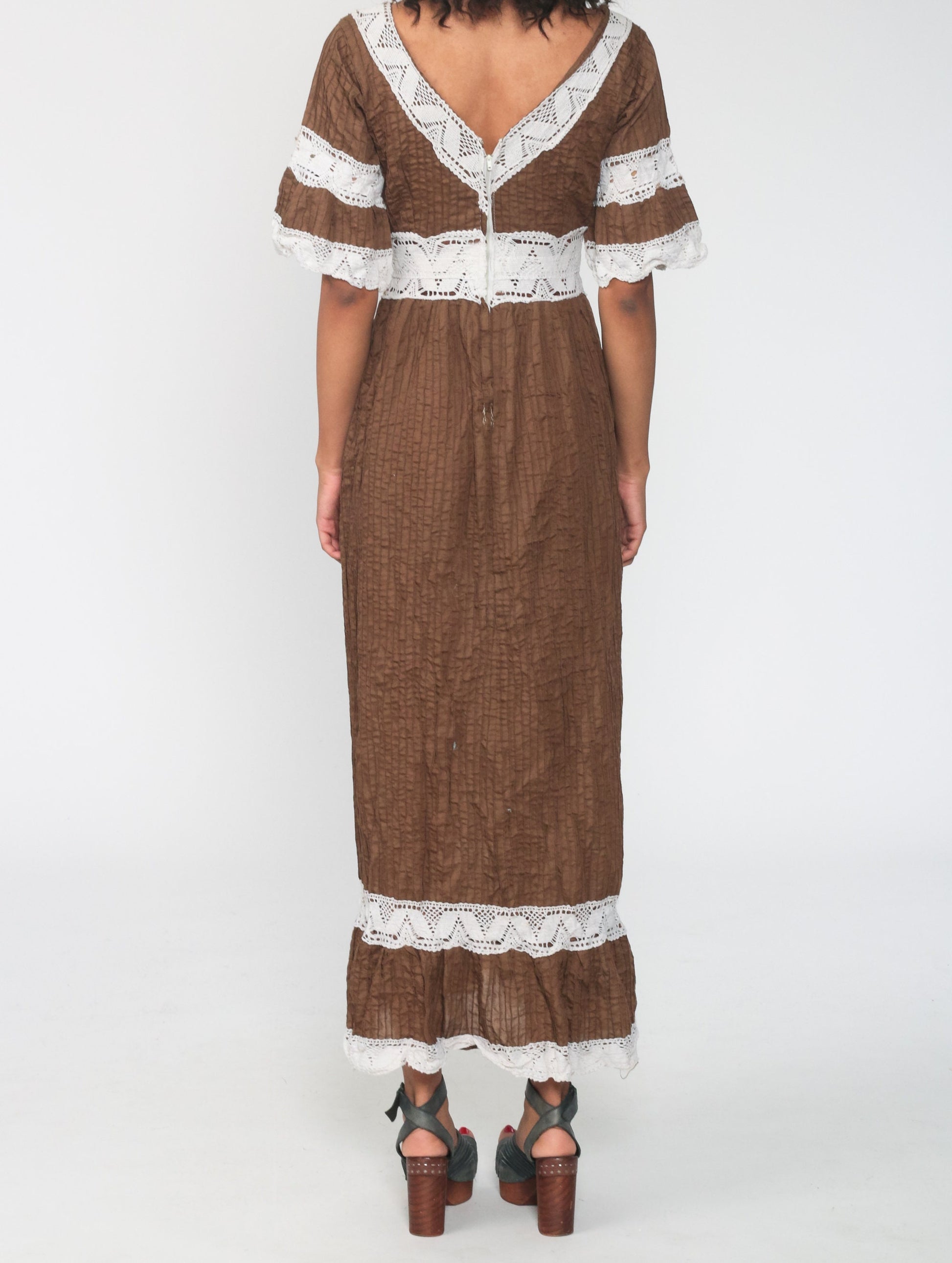 70s Mexican Wedding Maxi Dress Brown Crochet Lace Bell Sleeve Extra Small