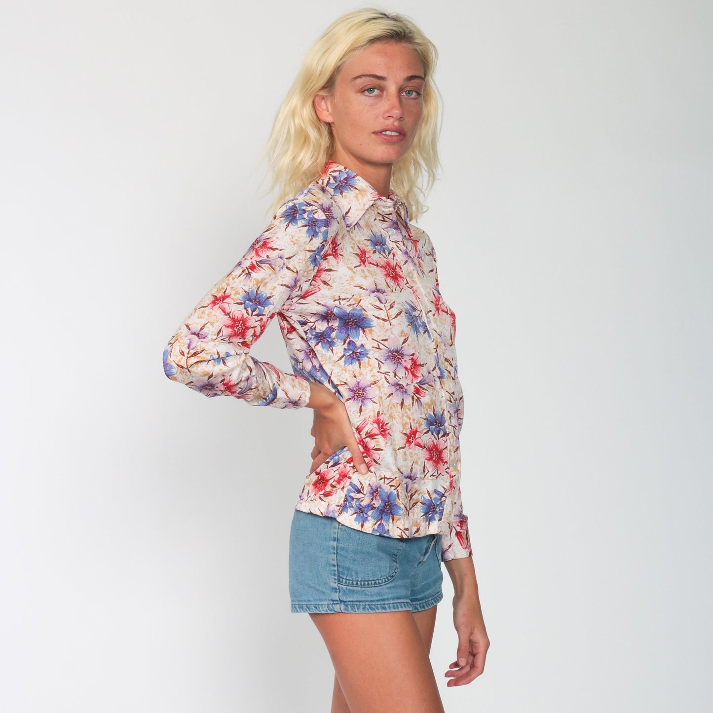70s Floral Button Up Shirt Pointed Collar Long Sleeve Flower Print Small