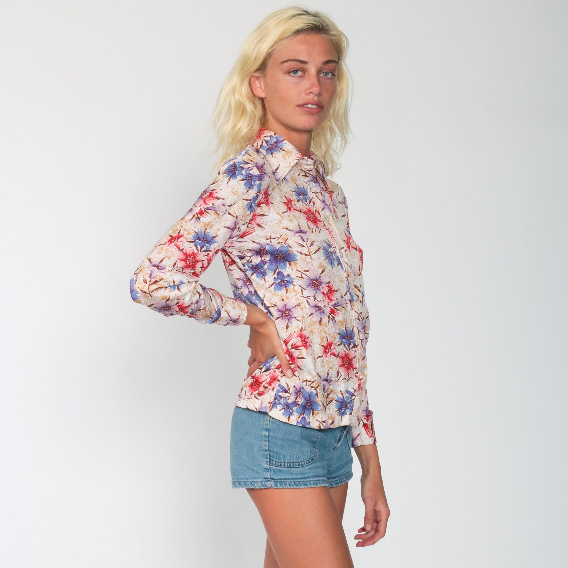 70s Floral Button Up Shirt Pointed Collar Long Sleeve Flower Print Small