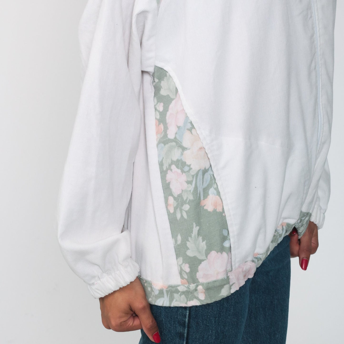 80s Floral Embroidered Bomber Jacket White Windbreaker Zip-Up Medium