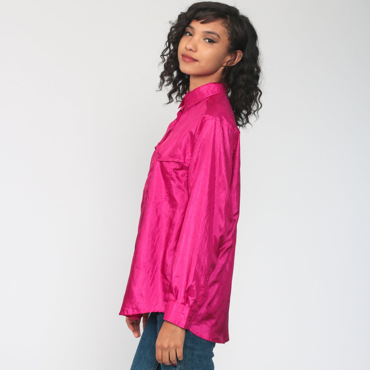 90s Shiny Pink Button-Up Blouse Long Sleeve Collared Shirt Large L