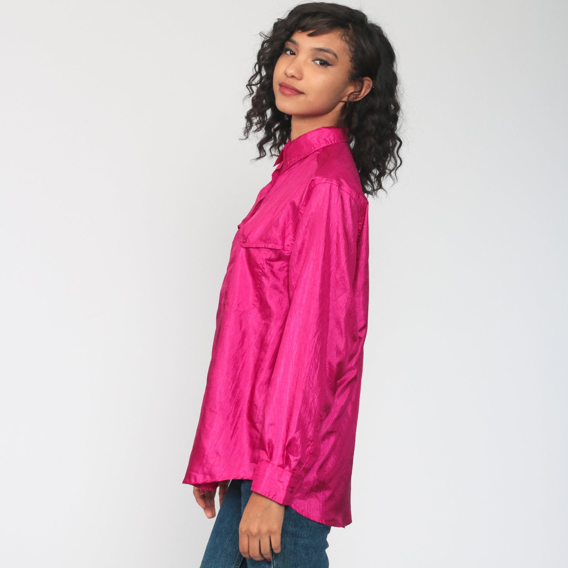 90s Shiny Pink Button-Up Blouse Long Sleeve Collared Shirt Large L
