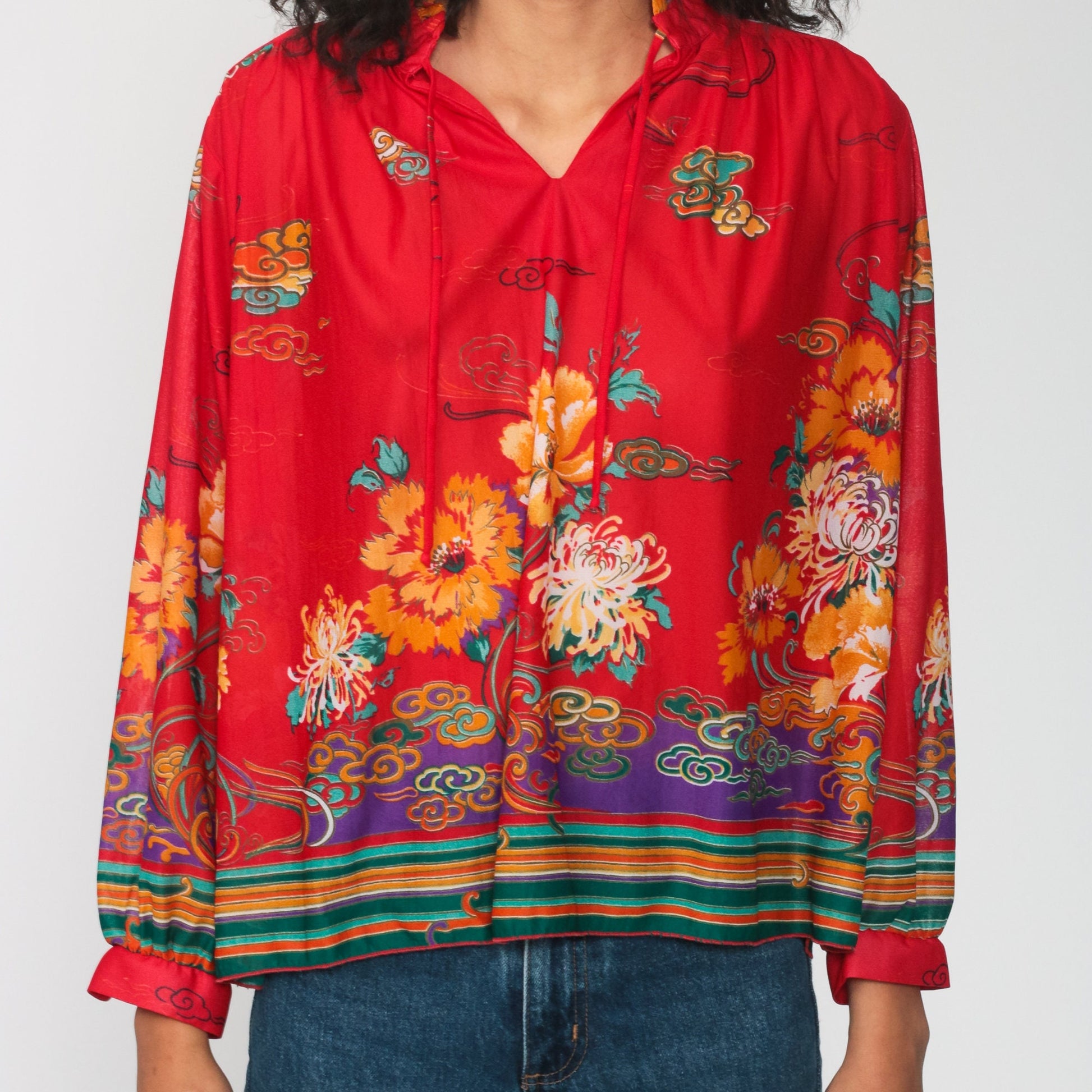 70s Red Floral Print Long Sleeve Blouse Tunic Medium Large