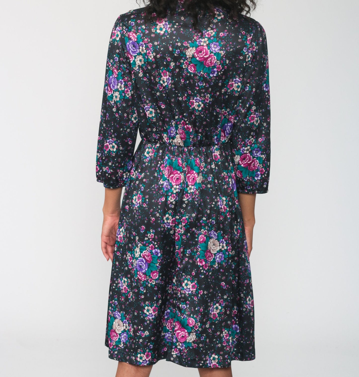 70s Floral Midi Dress High Waist Button Up Long Sleeve Black Purple Medium