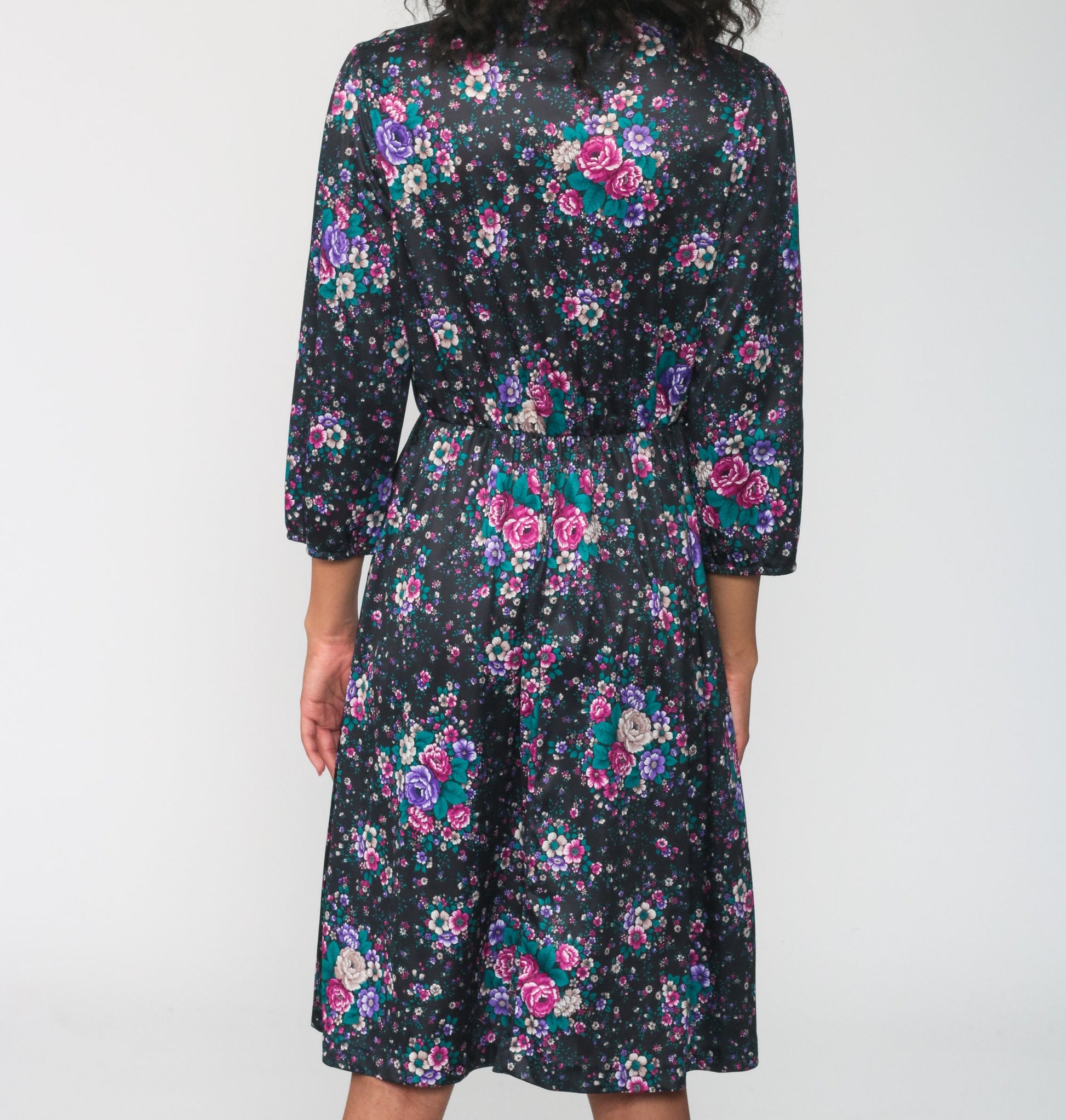 70s Floral Midi Dress High Waist Button Up Long Sleeve Black Purple Medium