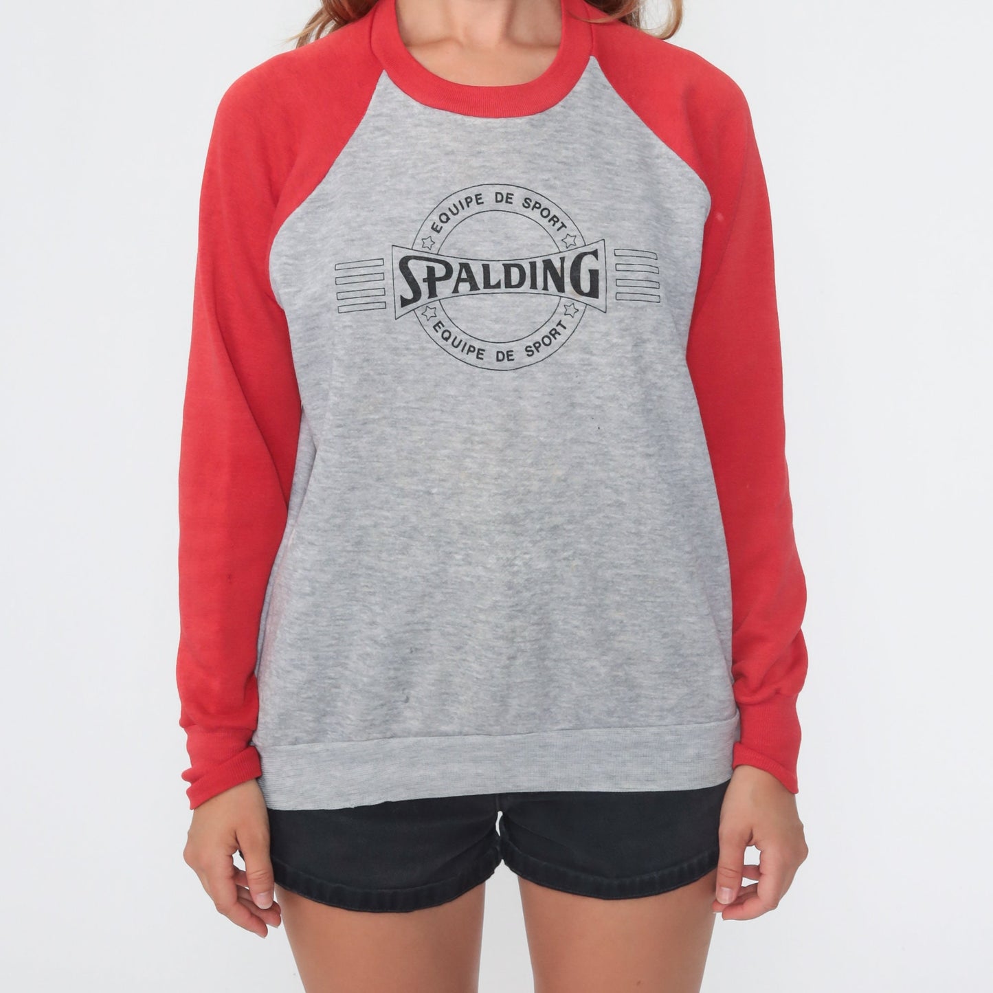 90s Spalding Crewneck Sweatshirt Grey Red Raglan Graphic Medium