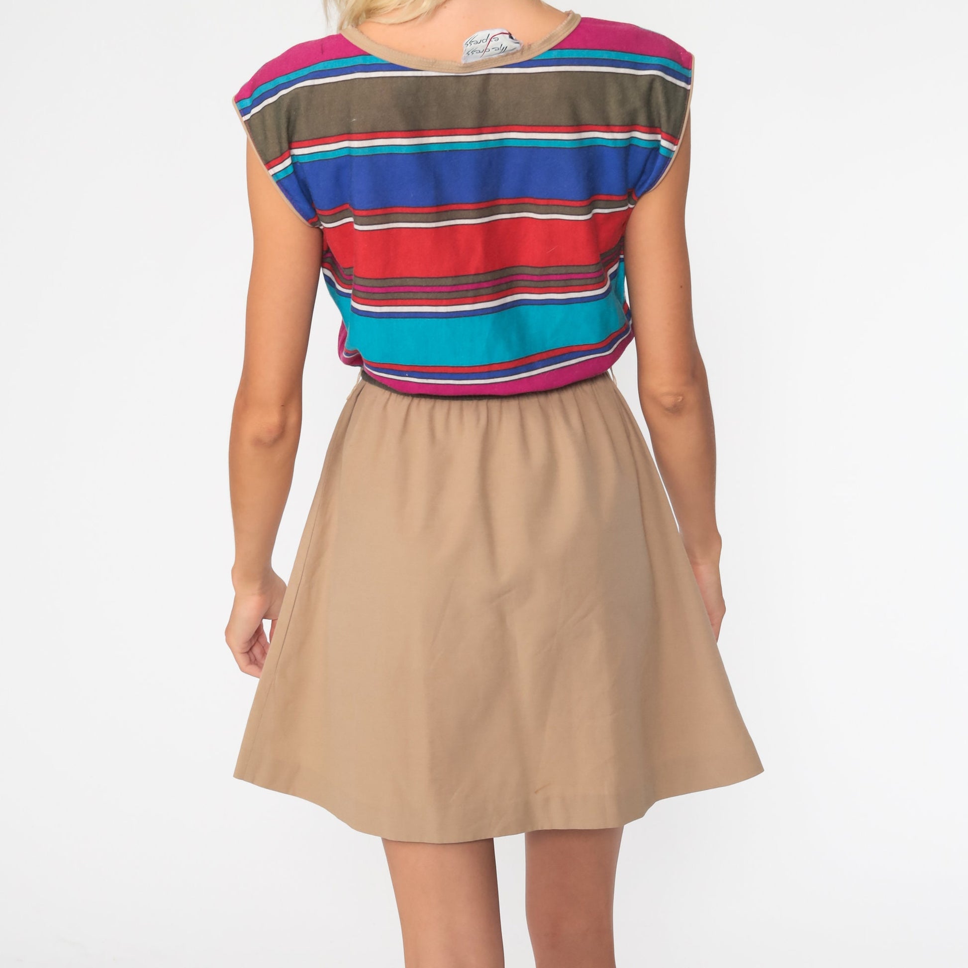 70s Striped Mini Dress Keyhole Neckline High Waist Cap Sleeve Small