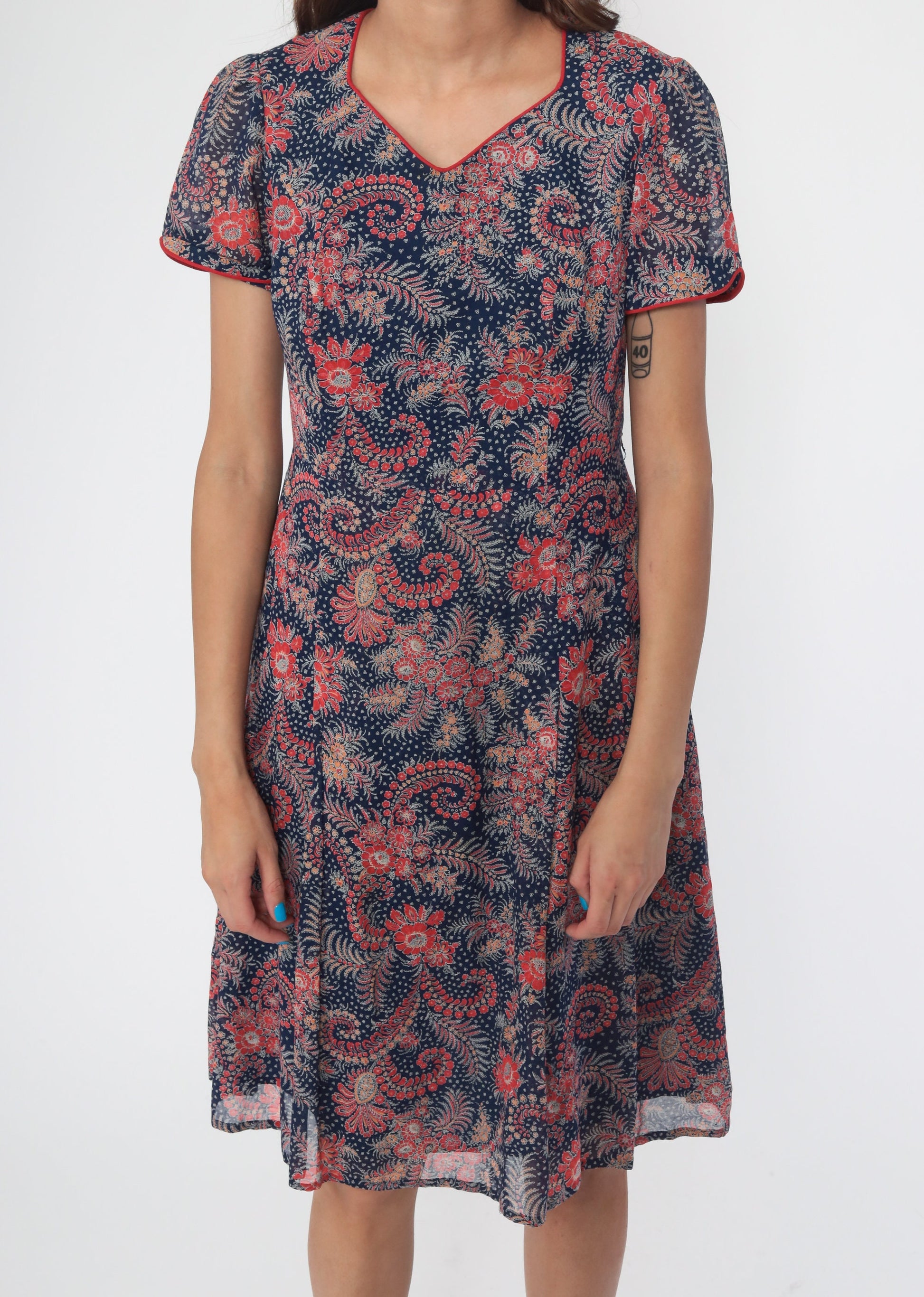 70s Floral Mini Shift Dress Puff Sleeve Red Navy Small