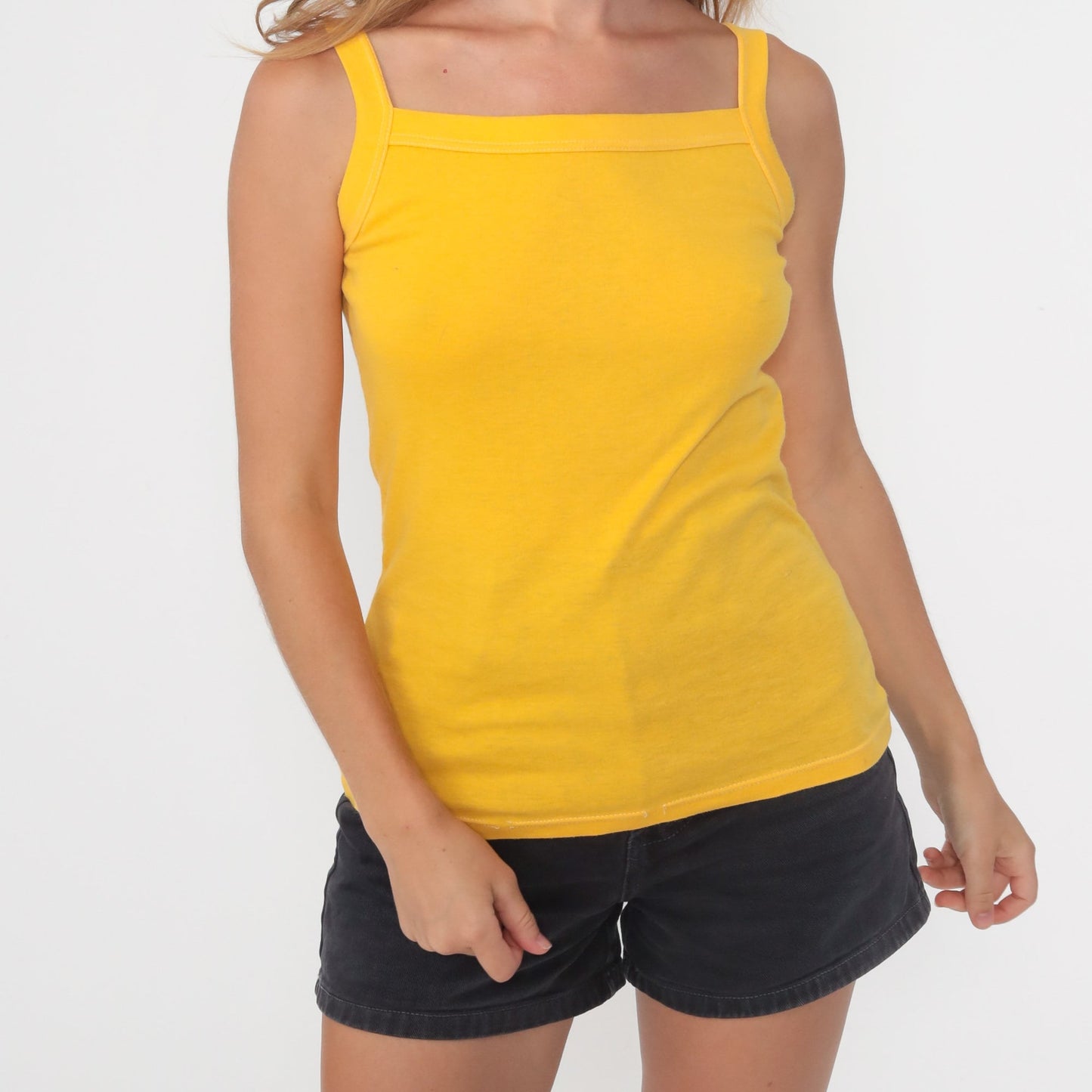 80s Yellow Tank Top Square Neckline Sleeveless Cotton Blend Extra Small