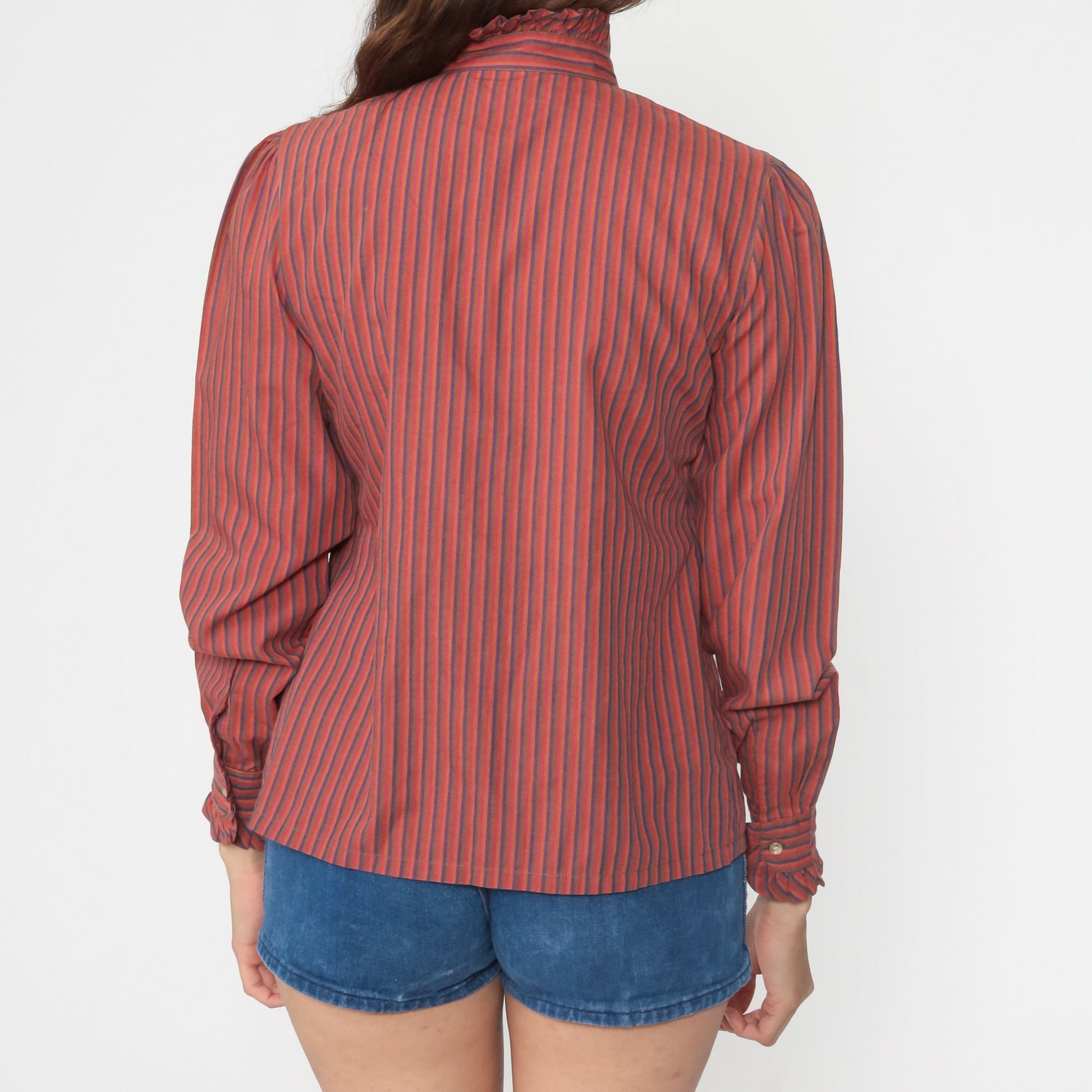80s Puff Sleeve Button-Up Blouse Orange Red Striped Ruffled Long Sleeve Small
