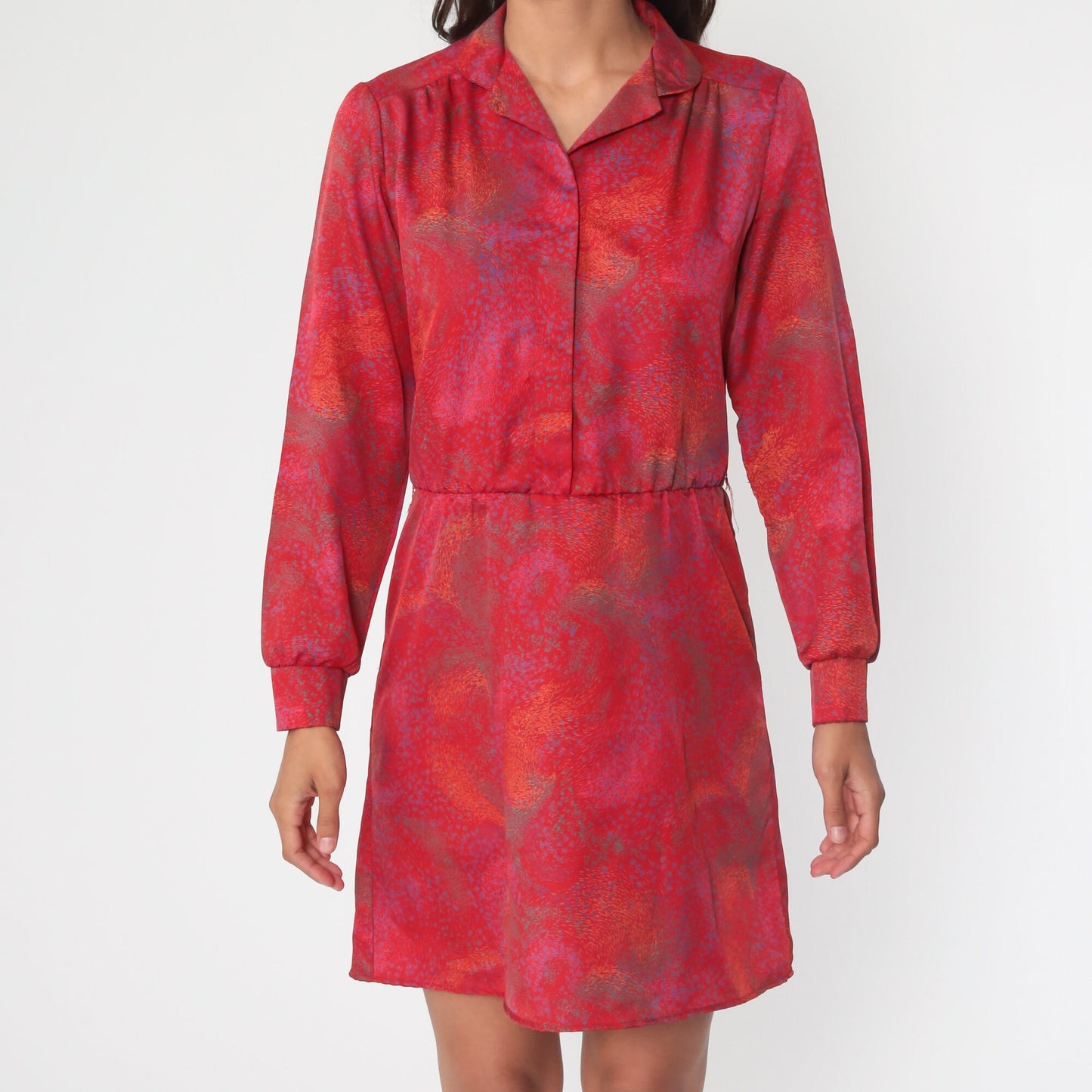 70s Red Brushstroke Mini Dress High Waisted Button Up Long Sleeve Medium
