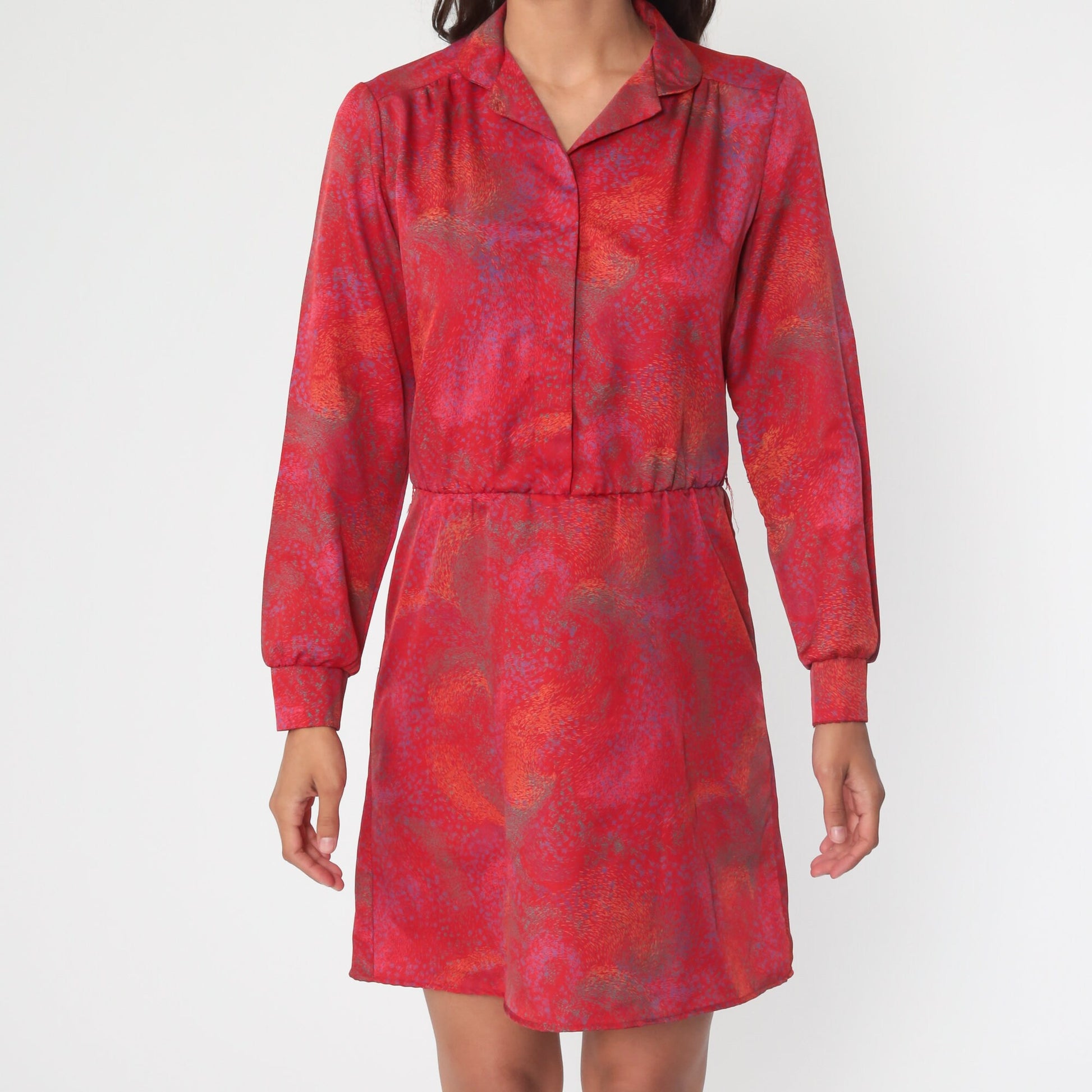 70s Red Brushstroke Mini Dress High Waisted Button Up Long Sleeve Medium