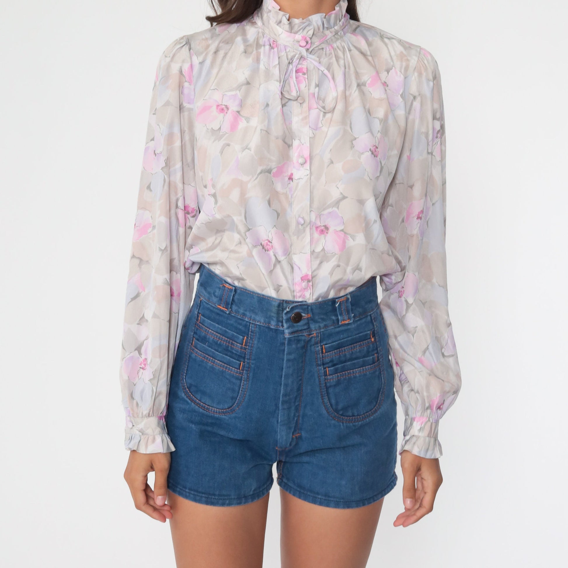 70s Floral Ruffle Button-Up Blouse Purple Pastel Long Sleeve Medium