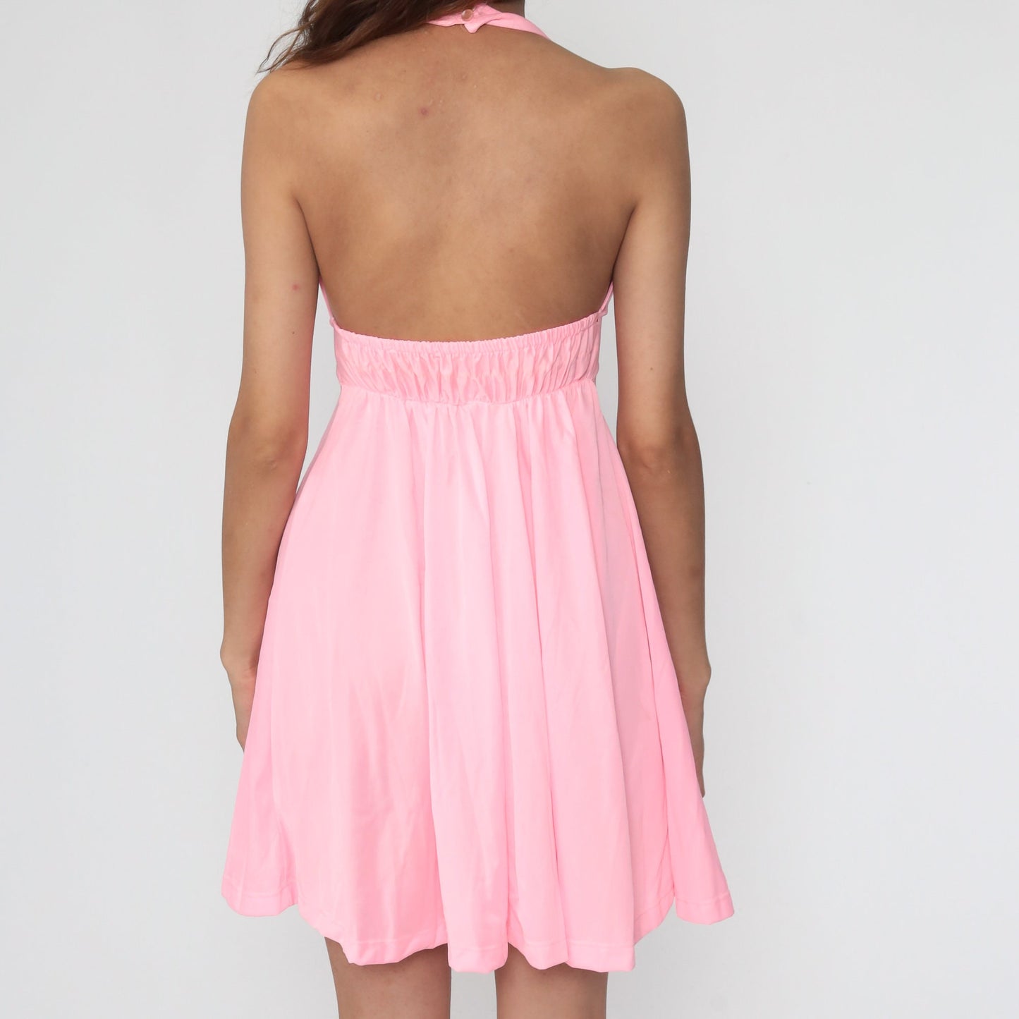 70s Pink Halter Mini Dress Keyhole Chest Open Back Empire Waist Extra Small