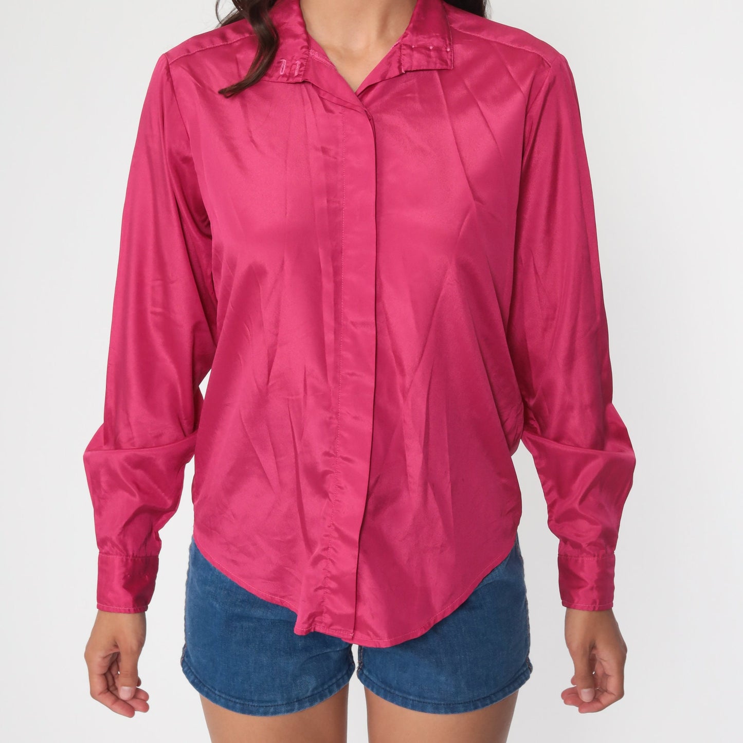 80s Pink Button-Up Blouse Long Sleeve Collared Shirt Medium