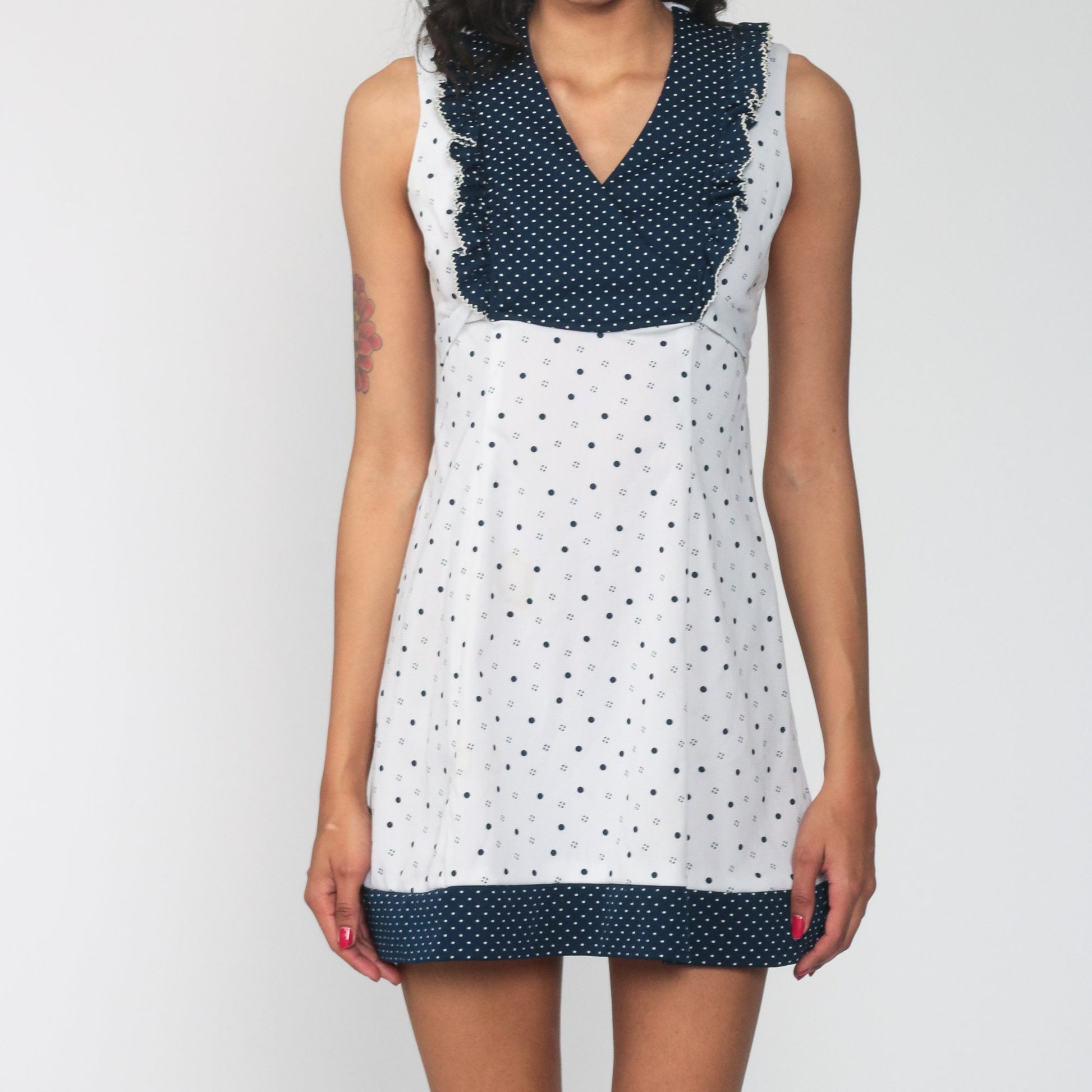 70s Polka Dot Babydoll Mini Dress White Blue Empire Waist V-Neck Extra Small