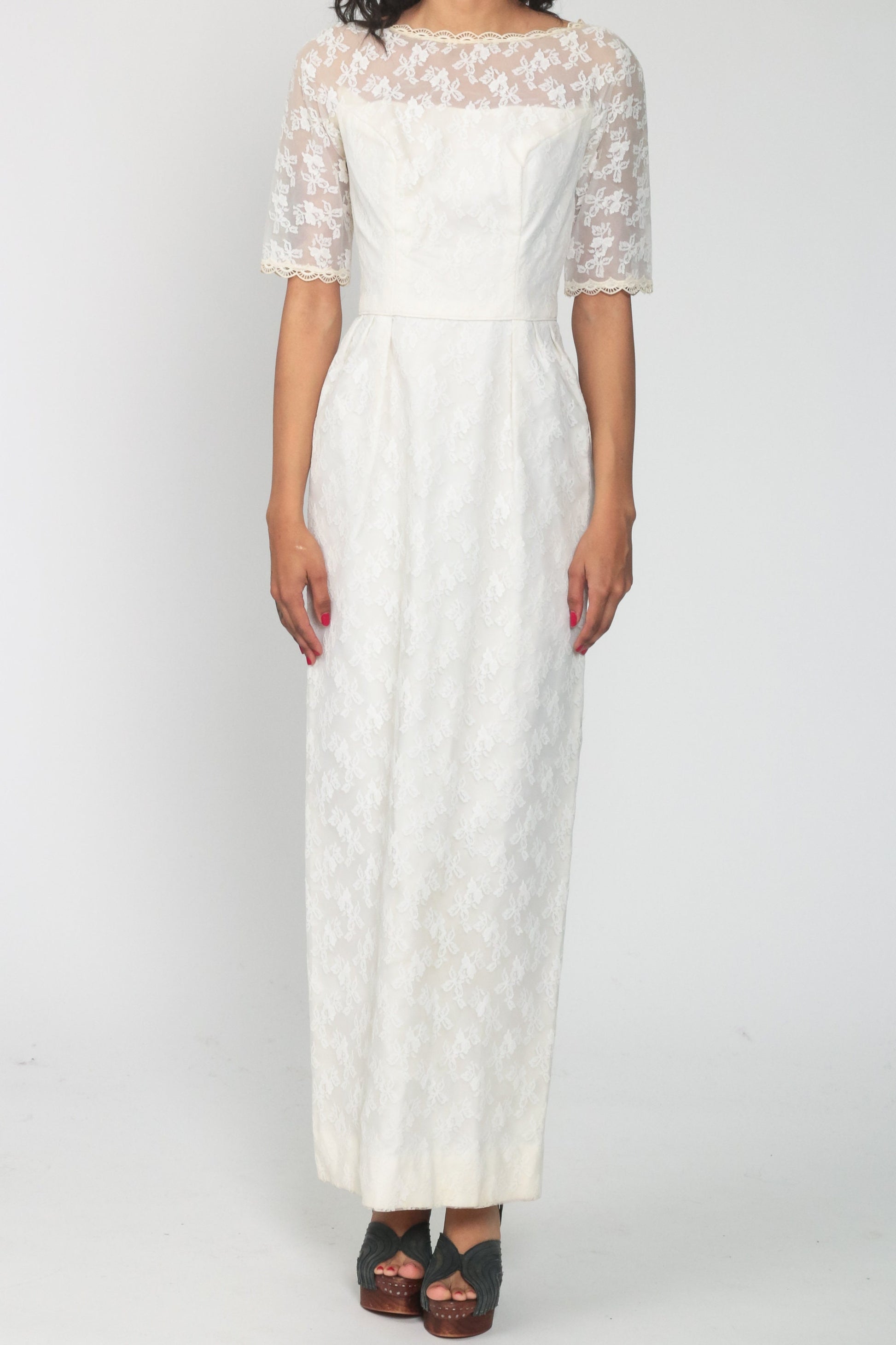 60s White Lace Maxi Dress Empire Waist Half Sleeve Scalloped Extra Small