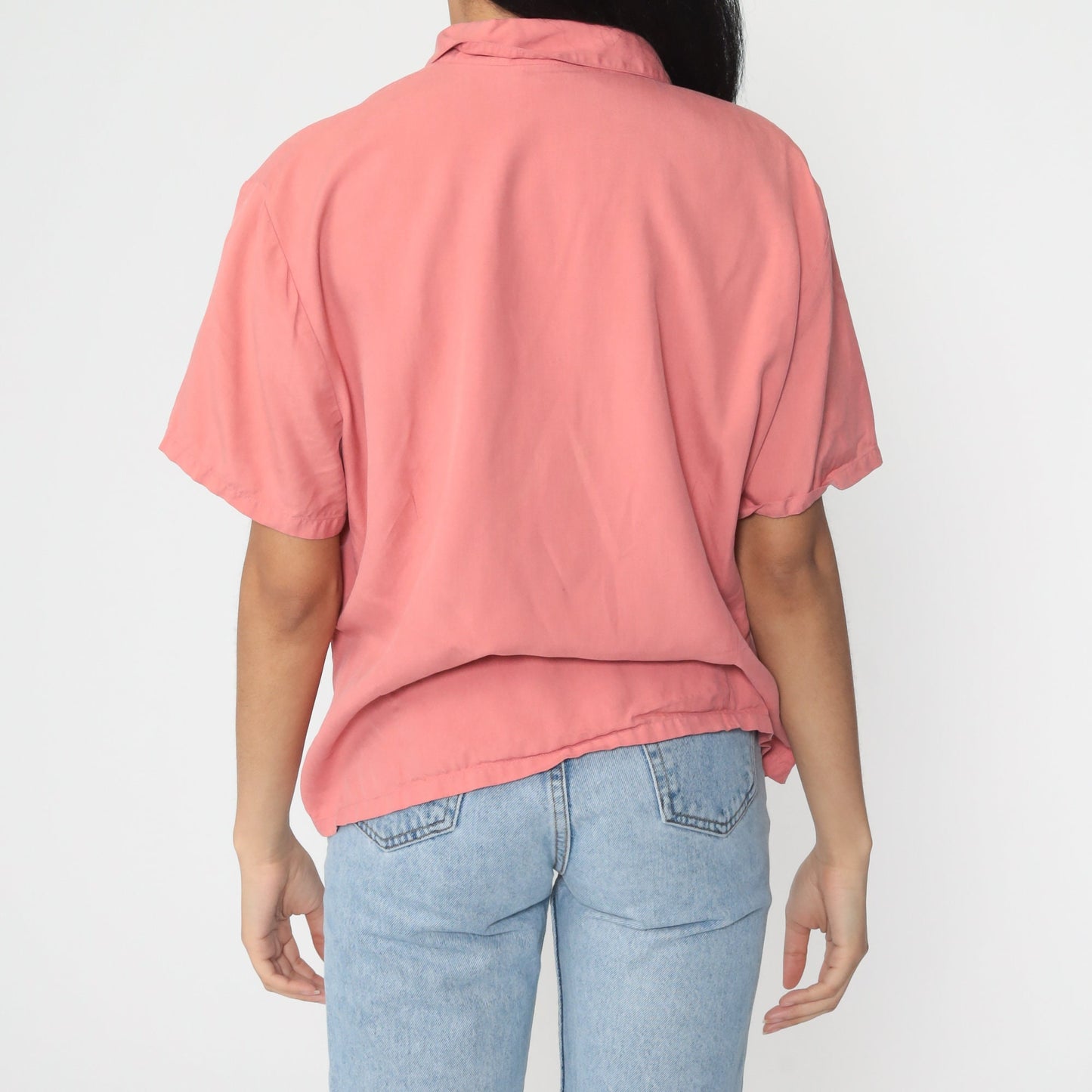 90s Pink Silk Button-Up Shirt Short Sleeve Blouse Large
