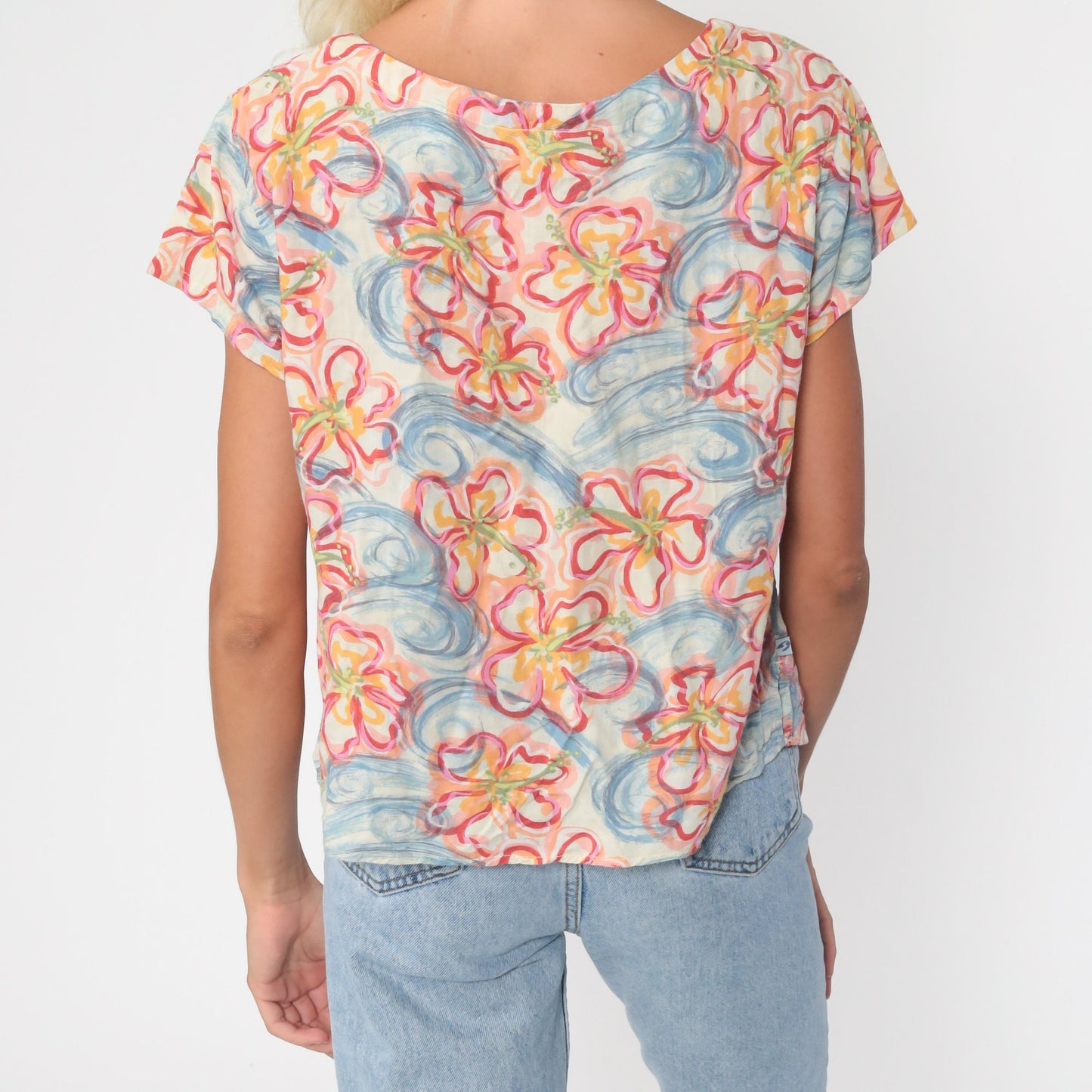 90s Floral Swirl Rayon Button Up Blouse Short Sleeve Pink Blue Medium