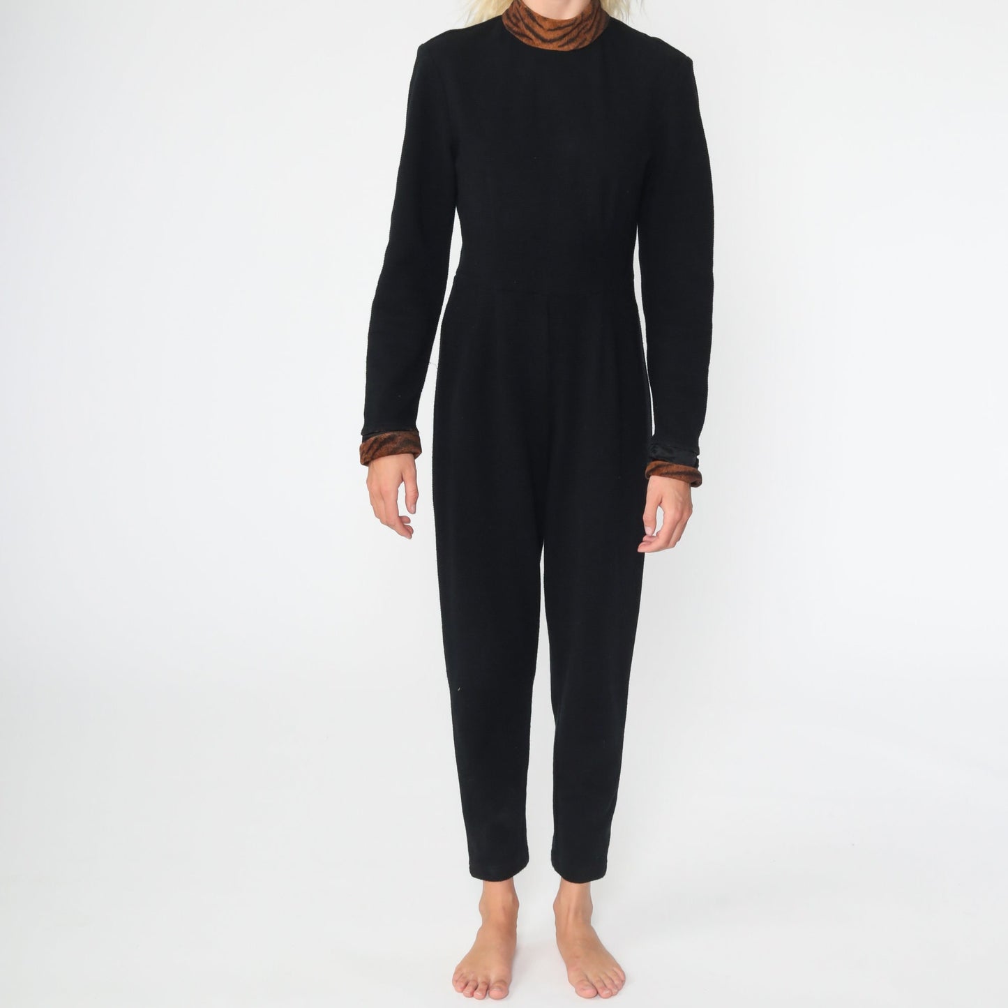 90s Black Jumpsuit Tiger Print Collar Turtleneck Tapered Small S