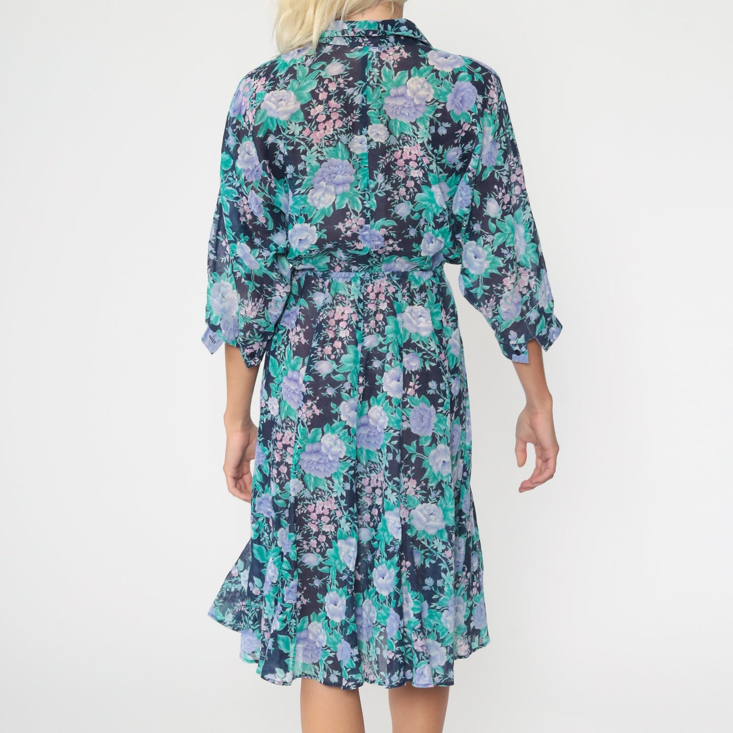 70s Blue Floral Midi Dress Button-Up High Waist Dolman Sleeve Extra Small