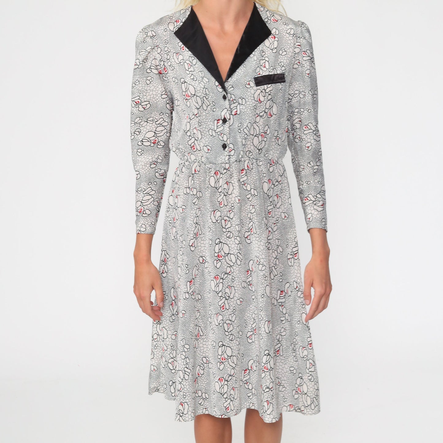 80s Black White Floral Midi Dress Puff Sleeve Button Up High Waist Small
