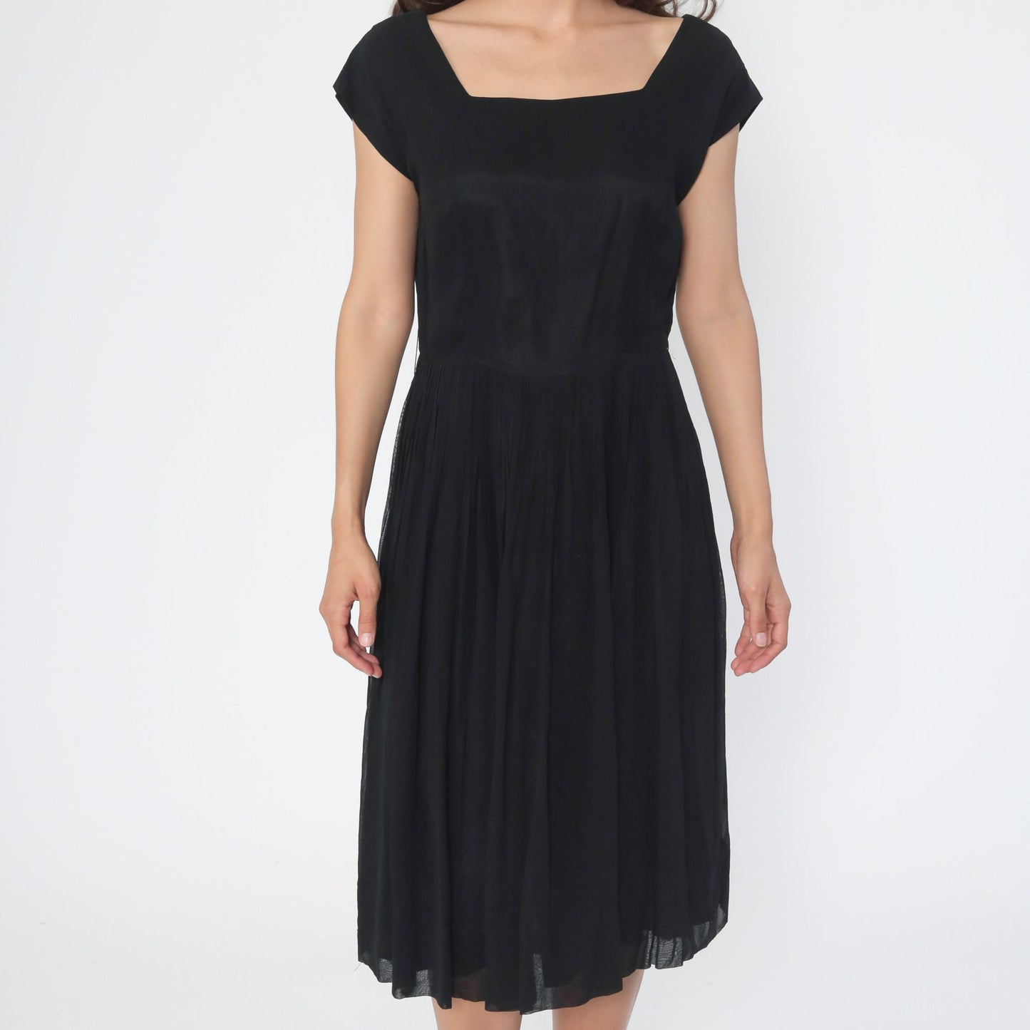 1950s Black Chiffon Sheath Dress Tea Length High Waist Side Zip Medium