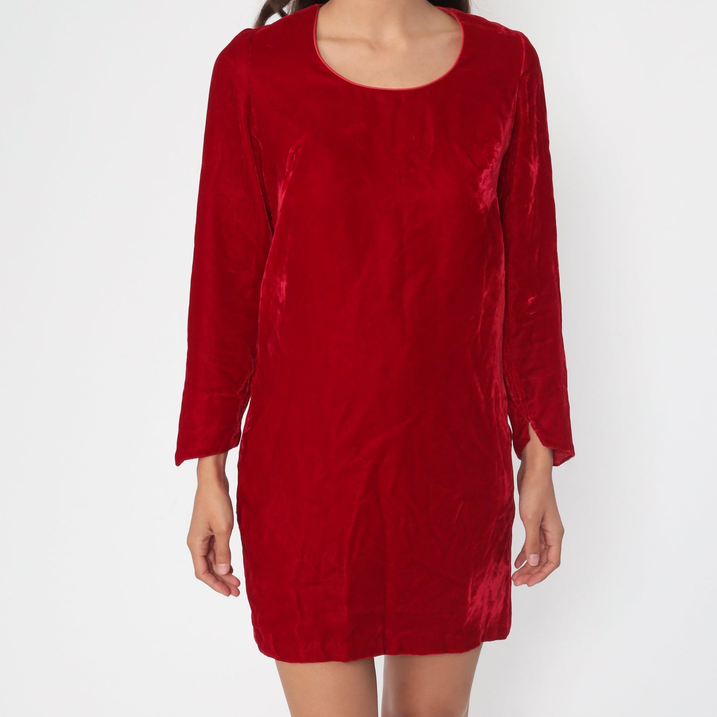 60s Red Velvet Mini Dress Long Sleeve Shift Mod Small